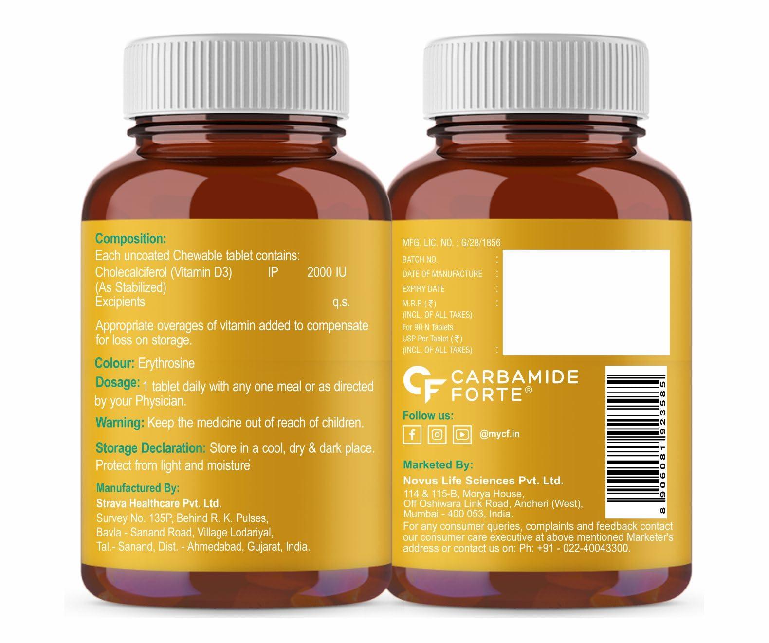 Carbamide Forte Carbamide Forte Vitamin D3 2000IU | Vitamin D Tablets for Bone & Immune Health | D3 supplement -Cholecalciferol | Vitamin D3 Tablets for Women & Men | Raspberry Flavour - 90 Tablets