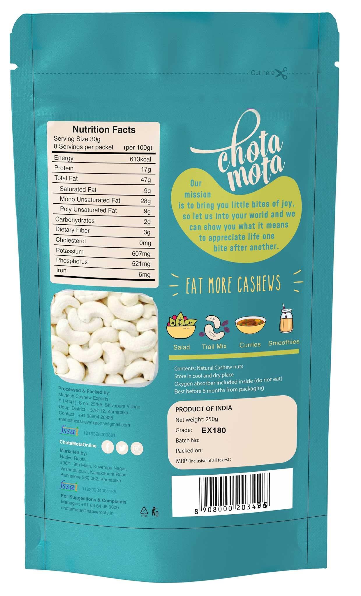 Chota Mota Chota Mota Jumbo Whole Cashew Nuts 1 kg (250g x 4) | Natural Premium Large Size Cashews | EX180 Grade Kaju | Gluten Free | Crunchy Delicious