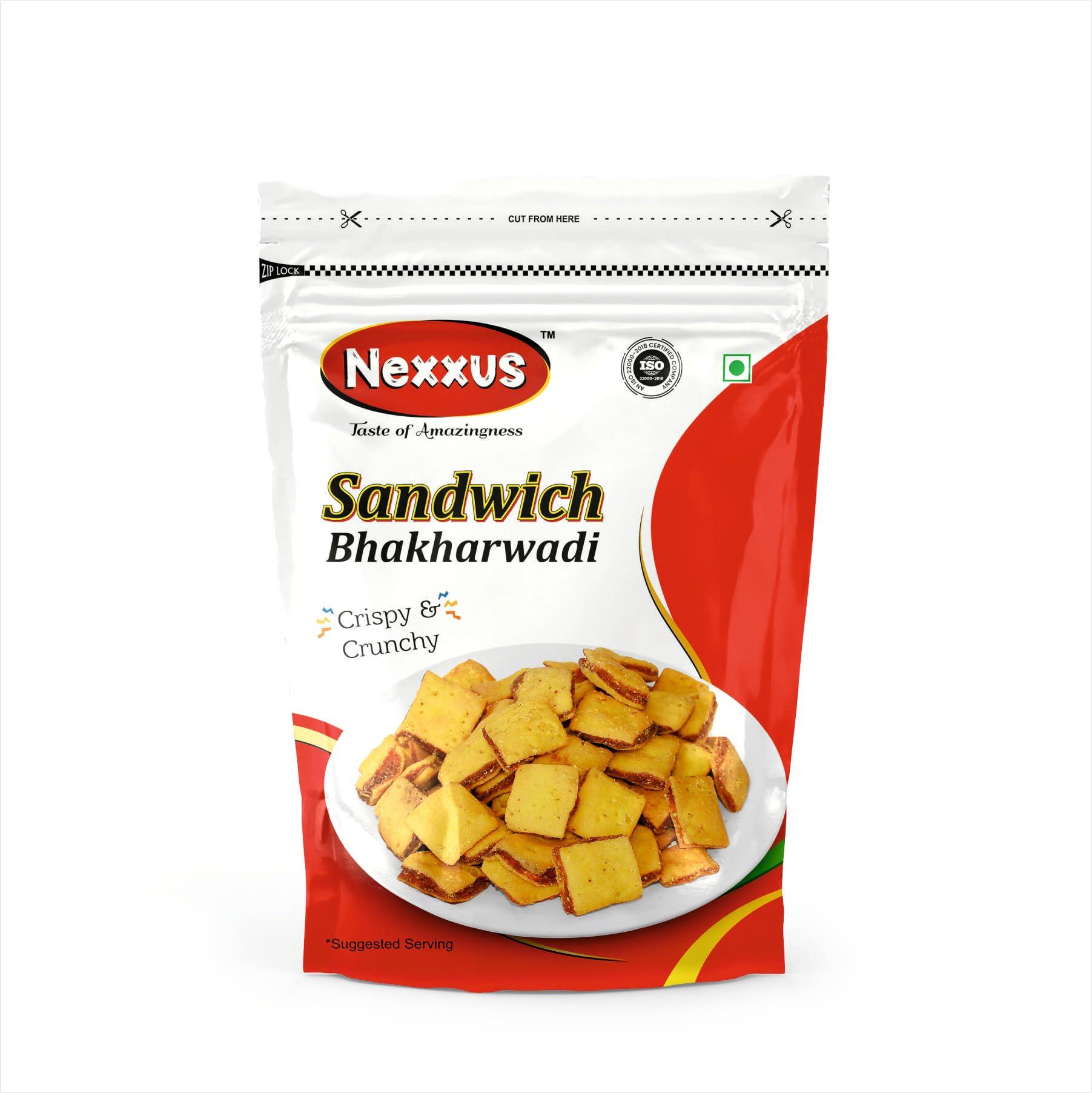 Nexxus Namkeen India Pvt Ltd - Ahmedabad Nexxus Namkeen [Combo of 2] Premium Roasted Bhakharwadi Sandwich X Butter | pack of 2 | 500 Gram per Combo | Bite-sized Delight for Snacking Bliss | Irresistibly Crunchy Snack