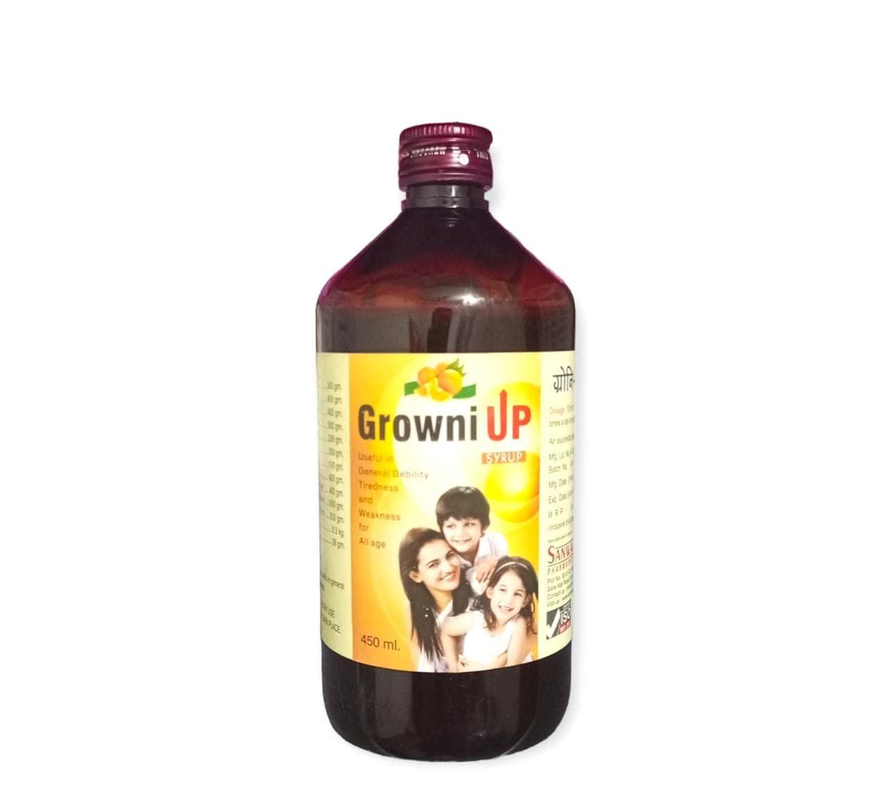 Sanwaria Pharma pvt. ltd. Growni Up Ayurvedic Tonic Useful In Tiredness, Weakness And General Debility For All Ages | Improves Haemoglobin Level - PACK OF 1 (450 ML) | Orange Flavour|