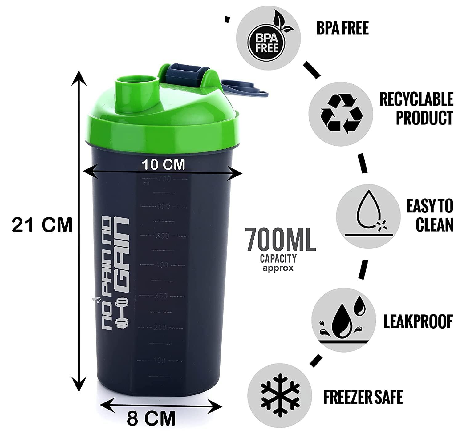 Atipriya Atipriya No Pain No Gain Sports Gym Fitness Shaker Bottle Perfect for Protein Shakes and Pre Workout with Plastic Whisk Mixer Ball for Smooth Mix & Markings | 700 ml Approx Each,Pack of 2