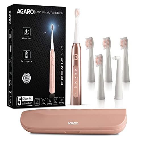 AGARO AGARO Cosmic Plus Sonic Electric Tooth Brush for Adults with 5 Modes, 5 Brush Heads, 1 Interdental Head, Carry Case & Rechargeable with 4 Hours Charge Lasting Up to 25 Days,Power Toothbrush(Rosegold)