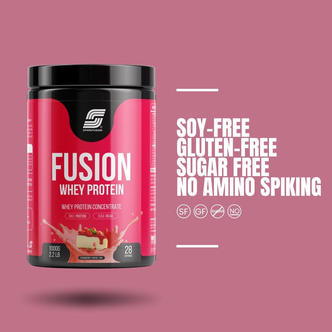 Sparkfusion Sparkfusion Fusion Whey Protein Concentrate Powder | 24g Protein,5.5g BCAA per Serving | For Muscle Recovery Workout Drink,Lean Muscle Growth | For Men & Women - Strawberry Cheese Cake Flavour, 1 kg
