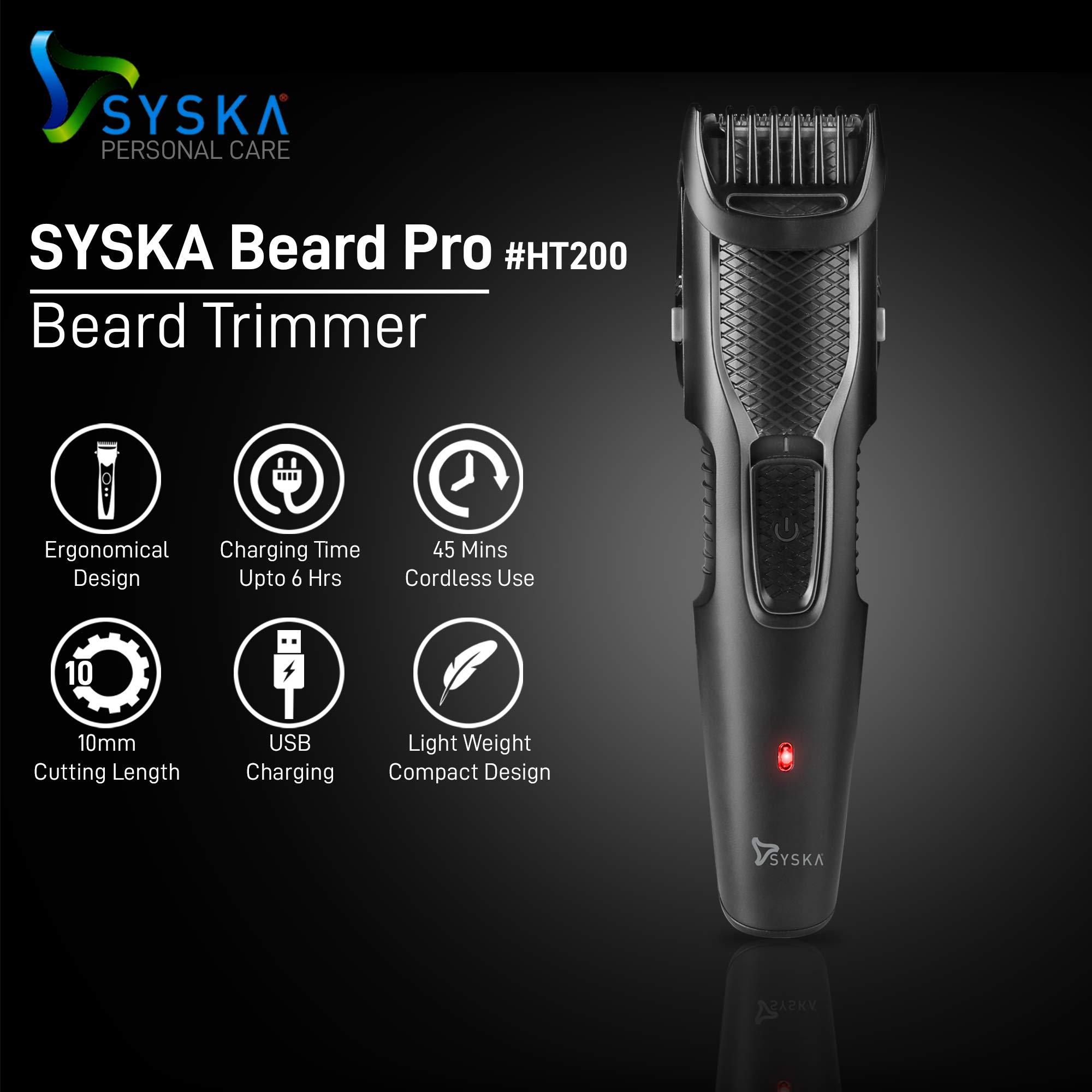 SYSKA Syska HT200 PRO Beard Trimmer for Men, Cordless, USB Rechargeable Trimmer with Washable Head, 20 Length Settings, 45 min Run Time (Black) 2 year warranty