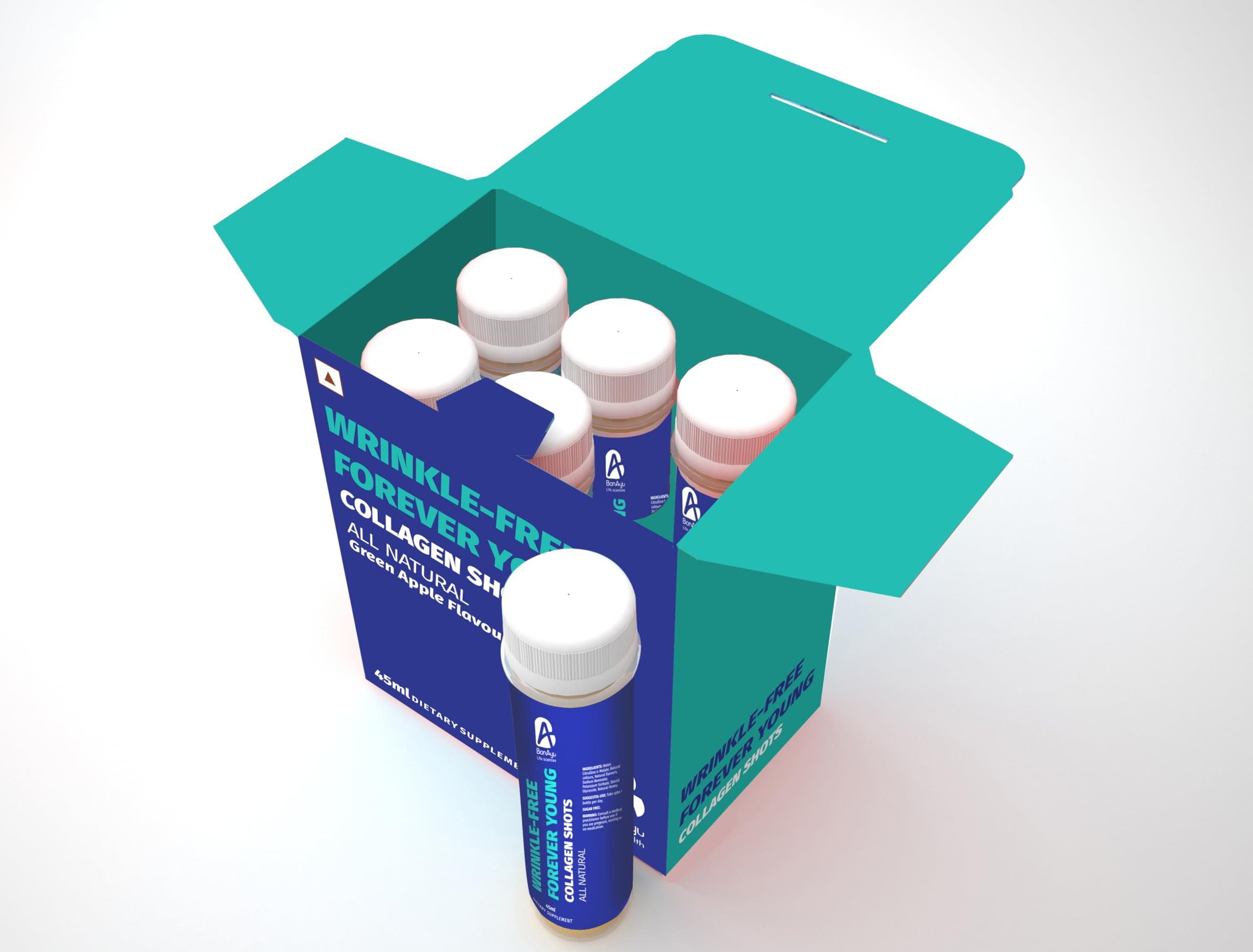 BonAyu BonAiyu WRINKLE-FREE FOREVER YOUNG COLLAGEN SHOTS All Natural (Green Apple Flavour) | With Vitamin C & Biotin | Promotes Healthy & Glowing Skin, Hair & Nails | Sugar Free for Women / Men | 45ml Each (Pack Of 6 Pet Bottles)