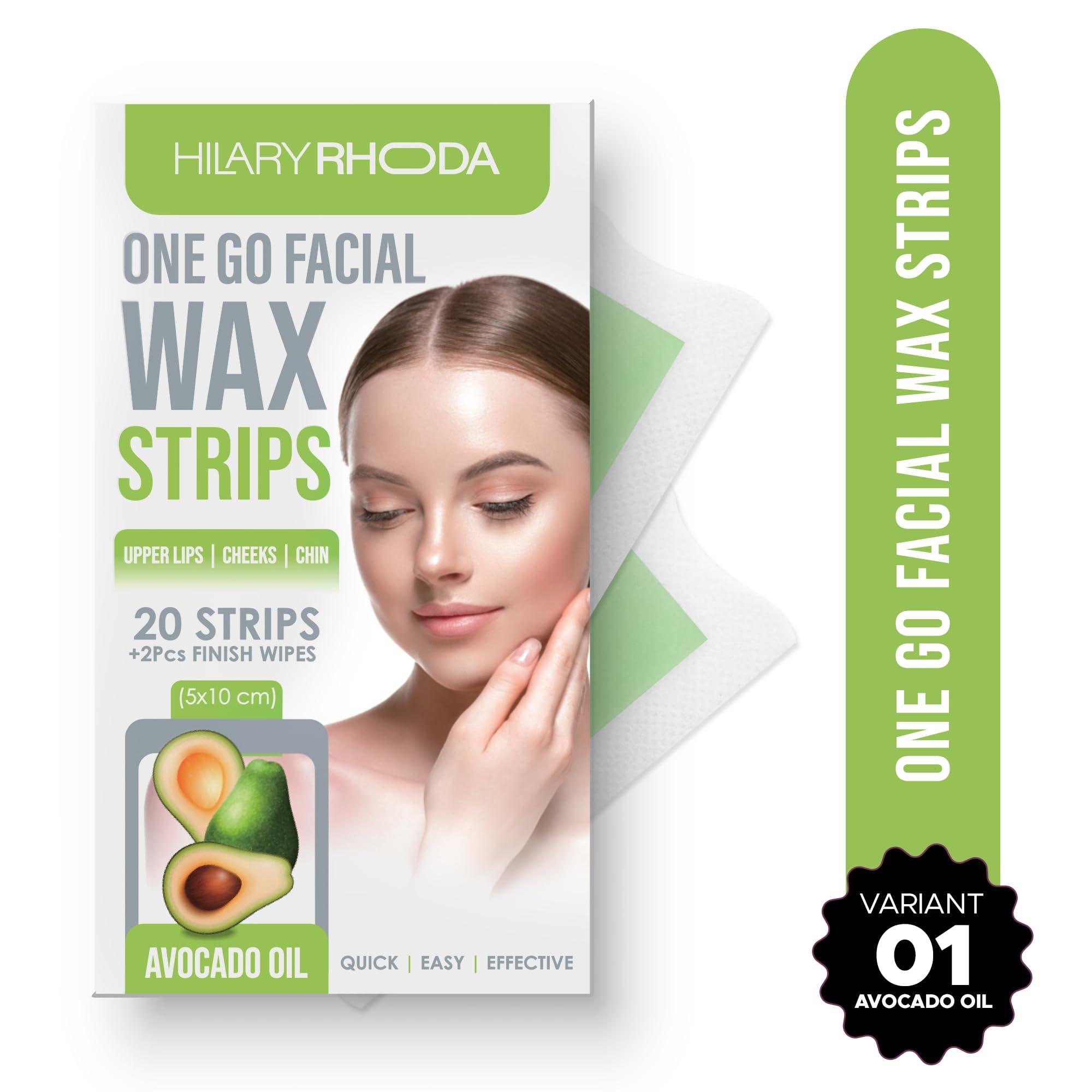Hilary Rhoda Hilary Rhoda One Go Facial Wax Strips | Ready-To-Use Facial Wax Strips | Face, Cheek, Upper Lip & Chin Facial Wax | Painless Hair Removal | With 2 Finish Wipes | 20 Strips (Avocado Oil)