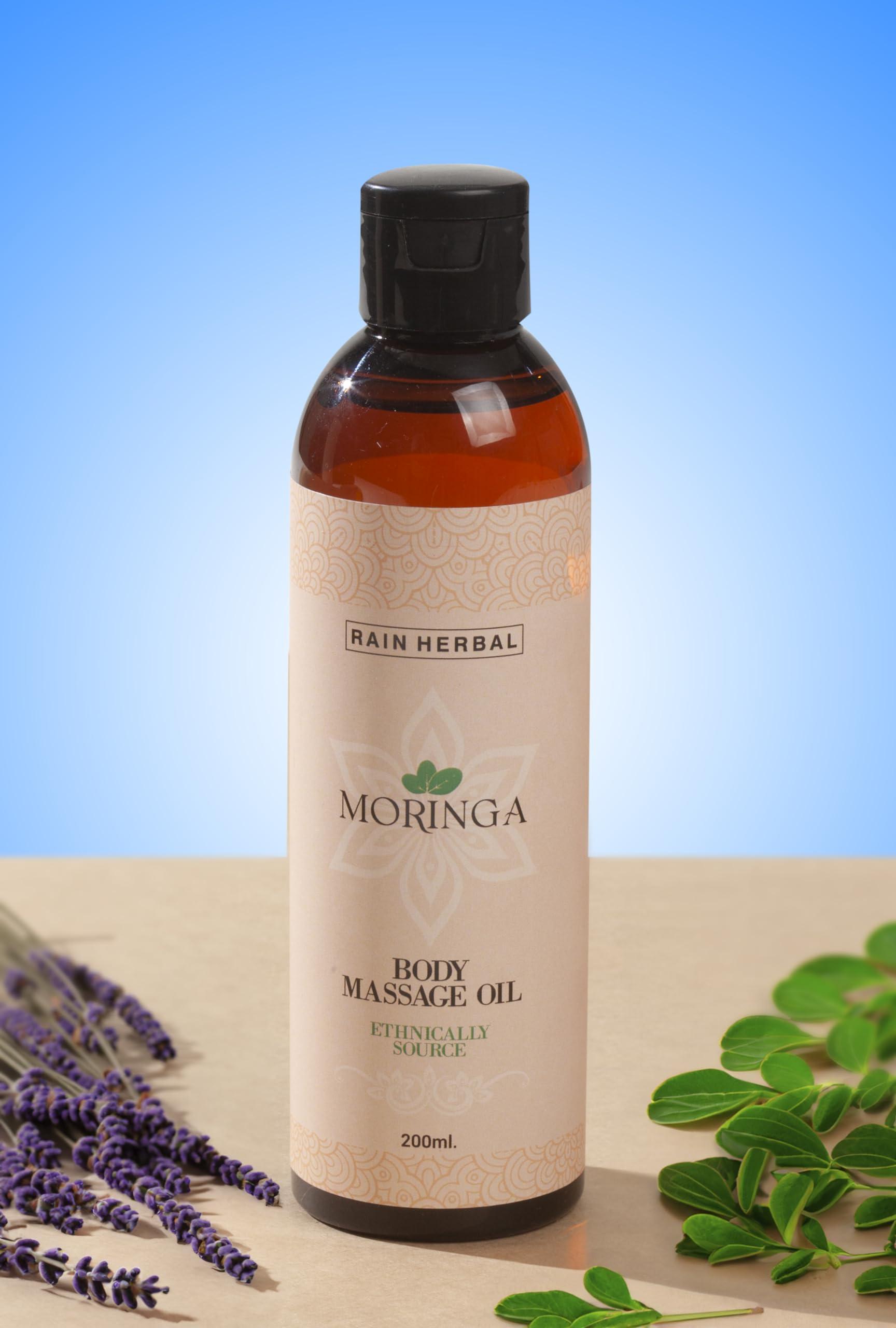Rain Herbal RAIN HERBAL Moringa Body Massage Oil with Jojoba & Coconut Oil | Body Oil for Women & Men | Full Body Deep Tissue Massage Therapy | Natural Ingredients | No Parabens & Sulphates | 200ml