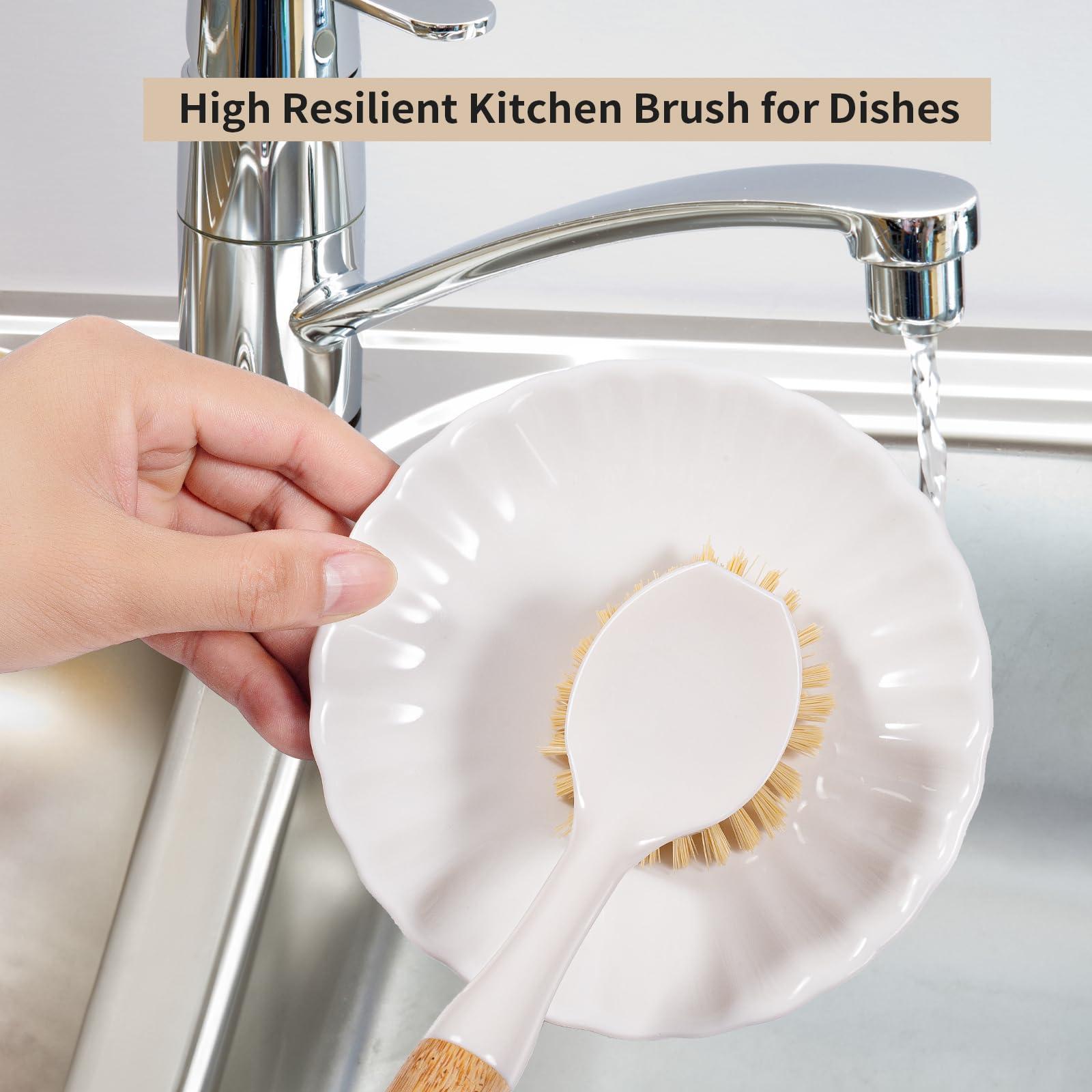 TEZZ 2 Pack Kitchen Dish Brushes with Bamboo Handle, Dish Scrubber Built-in Scraper, Scrub Brush for Pans, Pots, Counter & Kitchen Sink Cleaning, Dishwashing and Cleaning, Perfect Cleaning Tools, White
