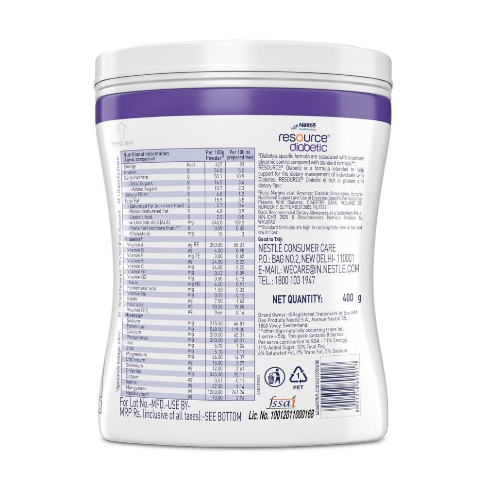RESOURCE Nestl Resource Diabetic, Adult Nutrition for Diabetic Patients, Low GI Formula, Vanilla Flavoured Protein Powder, 400g Pet Jar