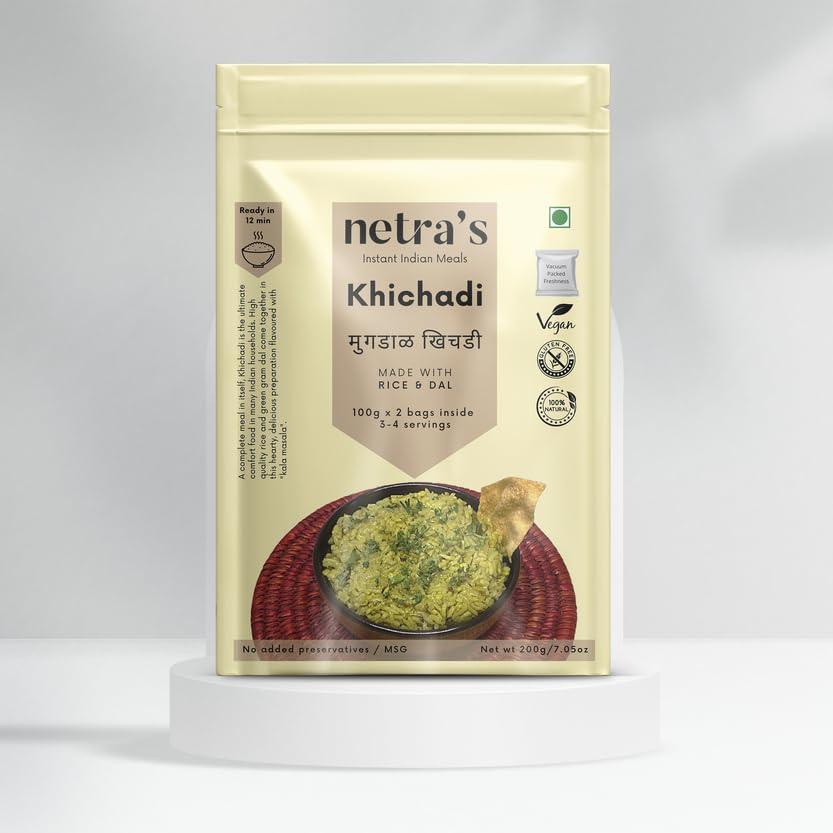 netra's netra's Instant Khichadi | 4 servings | Instant & Preservative-free | Made with rice & moong dal Instant Ready Khichdi Tadka with Ghee & All Spices | Ready to Cook | Restaurant Style Taste in Minutes 