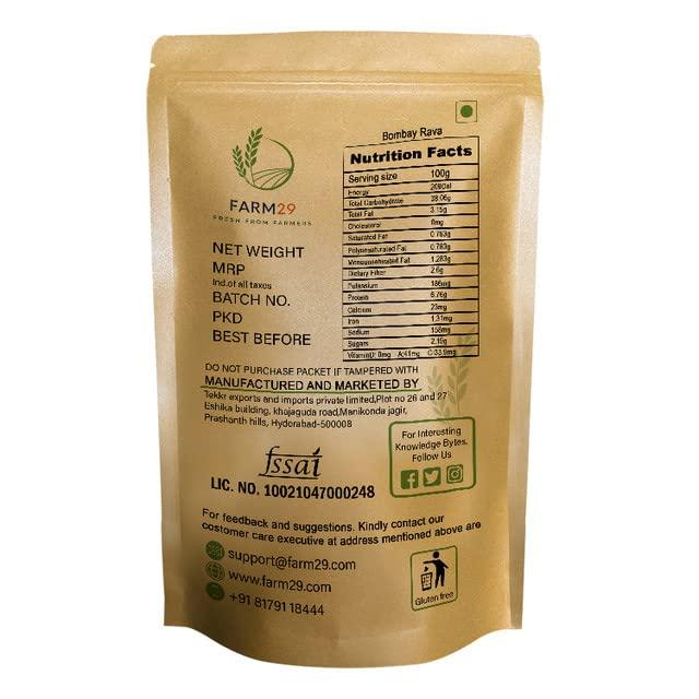 FARM 29 Farm 29 | Nutritious Bombay Rava for Cooking - High Fiber, Protein Rich, and Low Glycemic Index - Perfect for Upma, Kheer, and Idli - 1 kg Pack