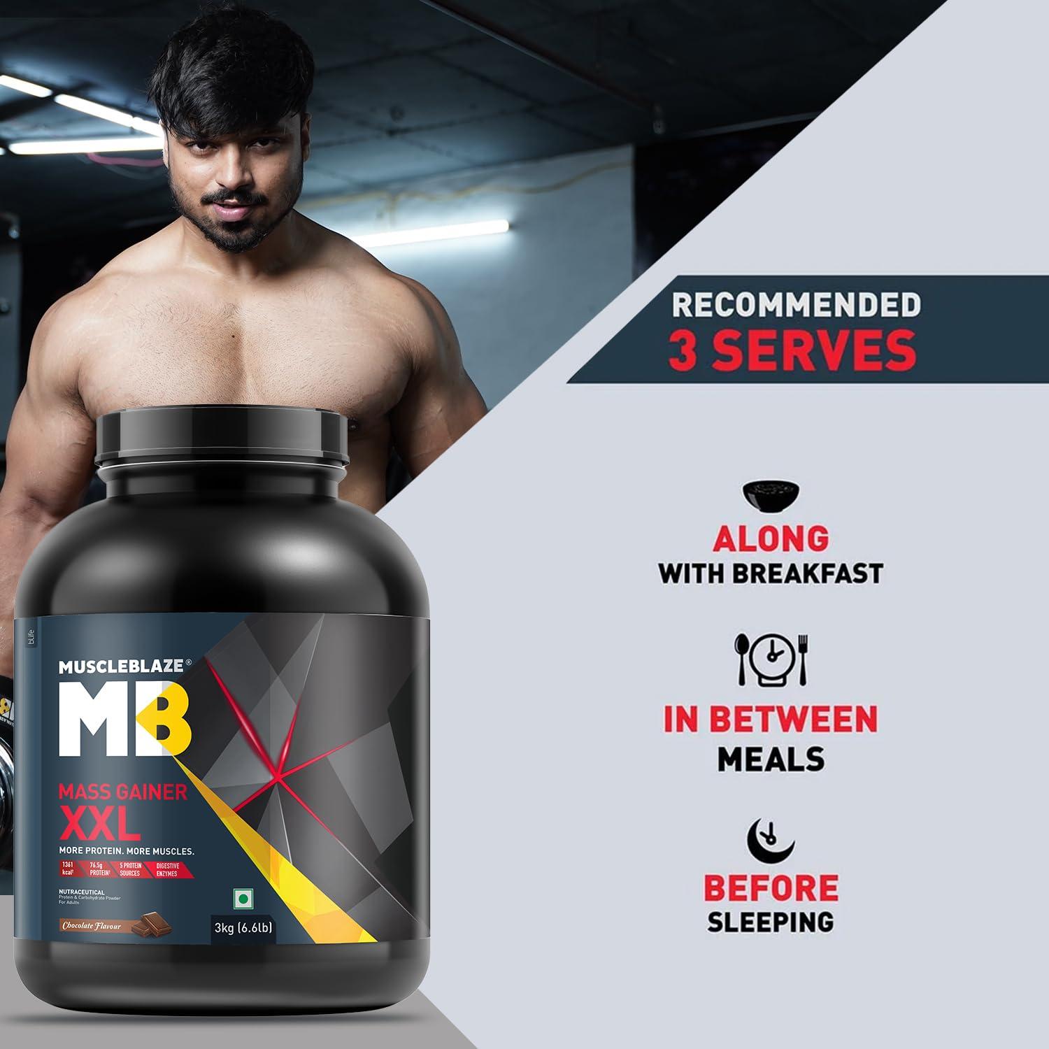 MuscleBlaze MuscleBlaze Mass Gainer XXL (Chocolate, 2kg / 4.4lbs, 20 Servings) | With Complex Carbs, High Protein & Digestive Enzymes