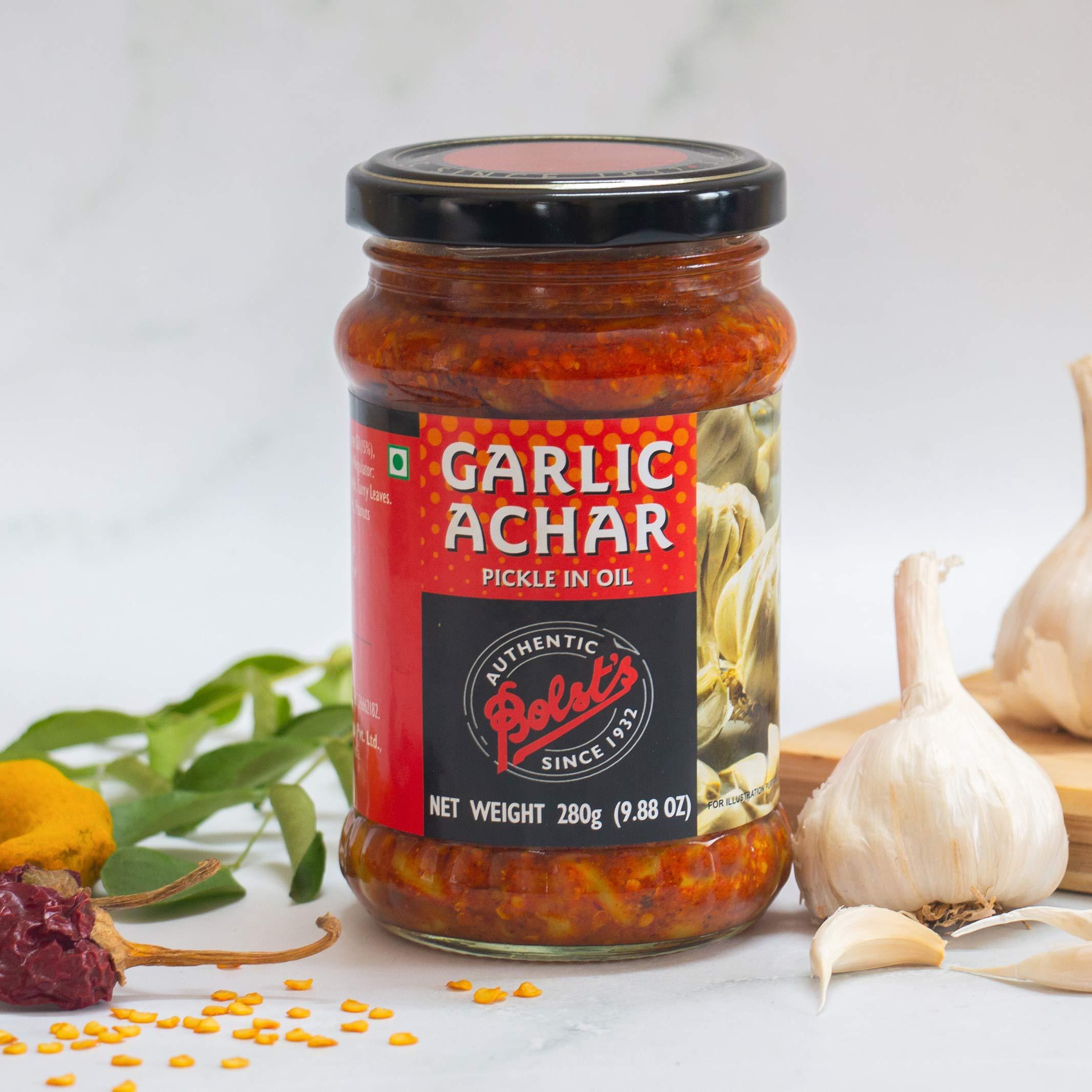 Bolst's Bolst\'s Garlic Achar | Authentic India Style Garlic Pickle | Traditional Indian Taste | Homemade Lahsun Achar | Tangy and Spicy | Fresh Garlic Cloves | Homemade Taste 100% Natural Ingredients | 280g