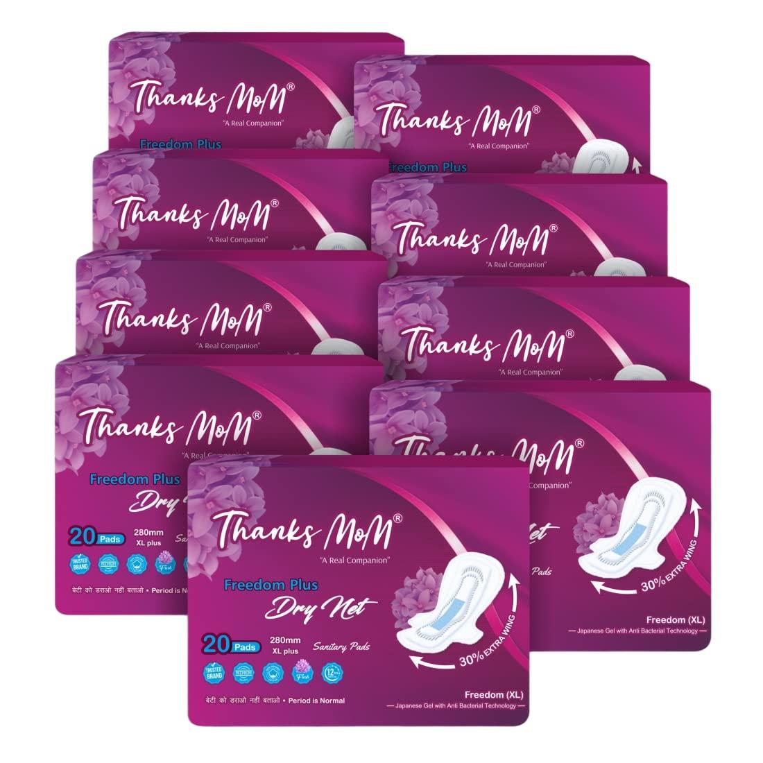Thanks mom Thanks mom Freedom Plus Dry Net Sanitary Napkin Pads | Extra Wide | Extra Soft with Advanced Leak Protection Sanitary Pad (Pack of 9x20= 180 Pads)
