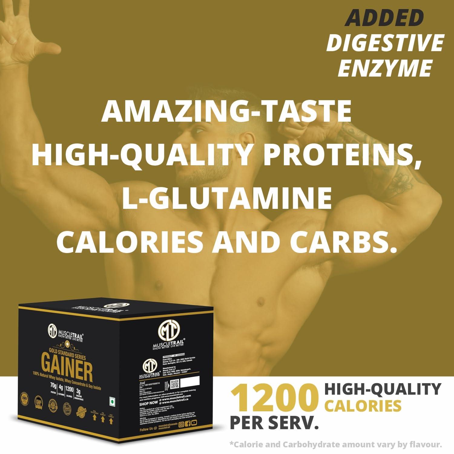 MUSCLETRAIL Muscle Trail Gold Standard Gainer Box Powder |30 pouches, 70g Protein | Composite Carbohydrates for Super Gain | 4g L-Glutamine, 1200 Calories, 3g Creatine Monohydrate (3kg, Banana)