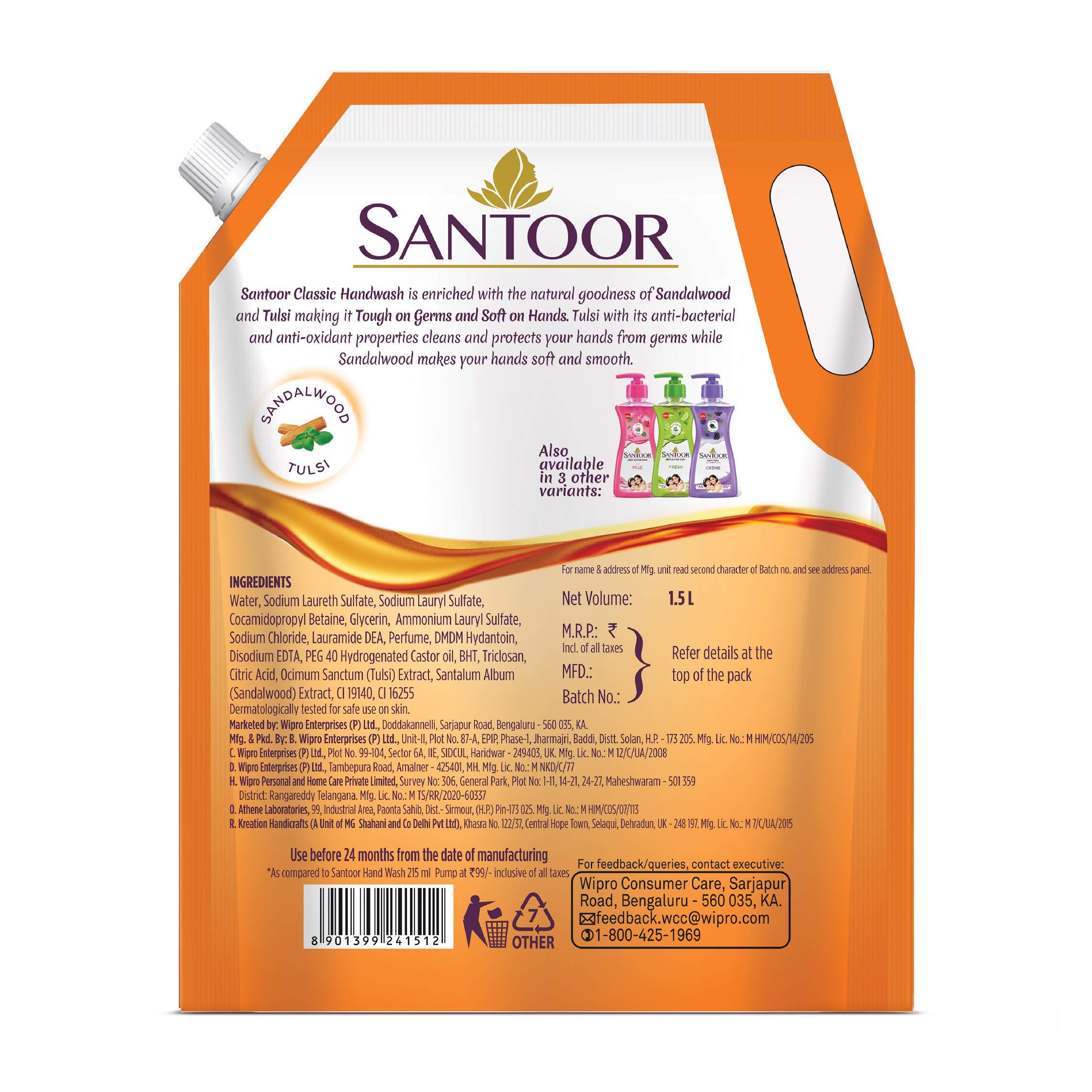 SANTOOR Santoor Hand Wash Mild 750ml & Classic Gentle Hand Wash, 1500ml with Natural goodness of Sandalwood & Tulsi & Classic Gentle Handwash with Sandalwood and Tulsi for Bacteria and Germ Protection
