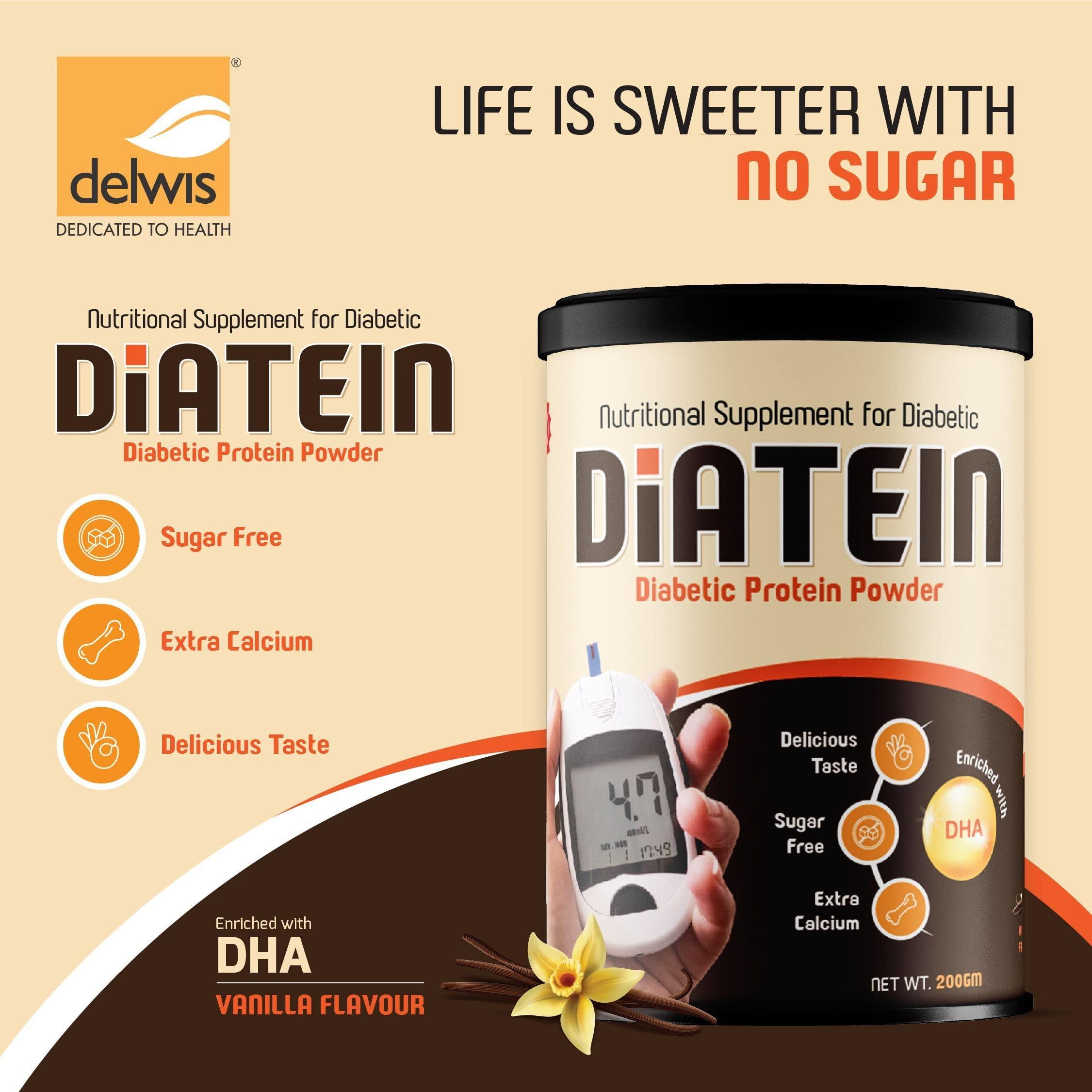 Delwis Delwis Diatein Powder - Diebetic Protein Powder - Vanilla Flavour With DHA - 400gm (Pack of 2)