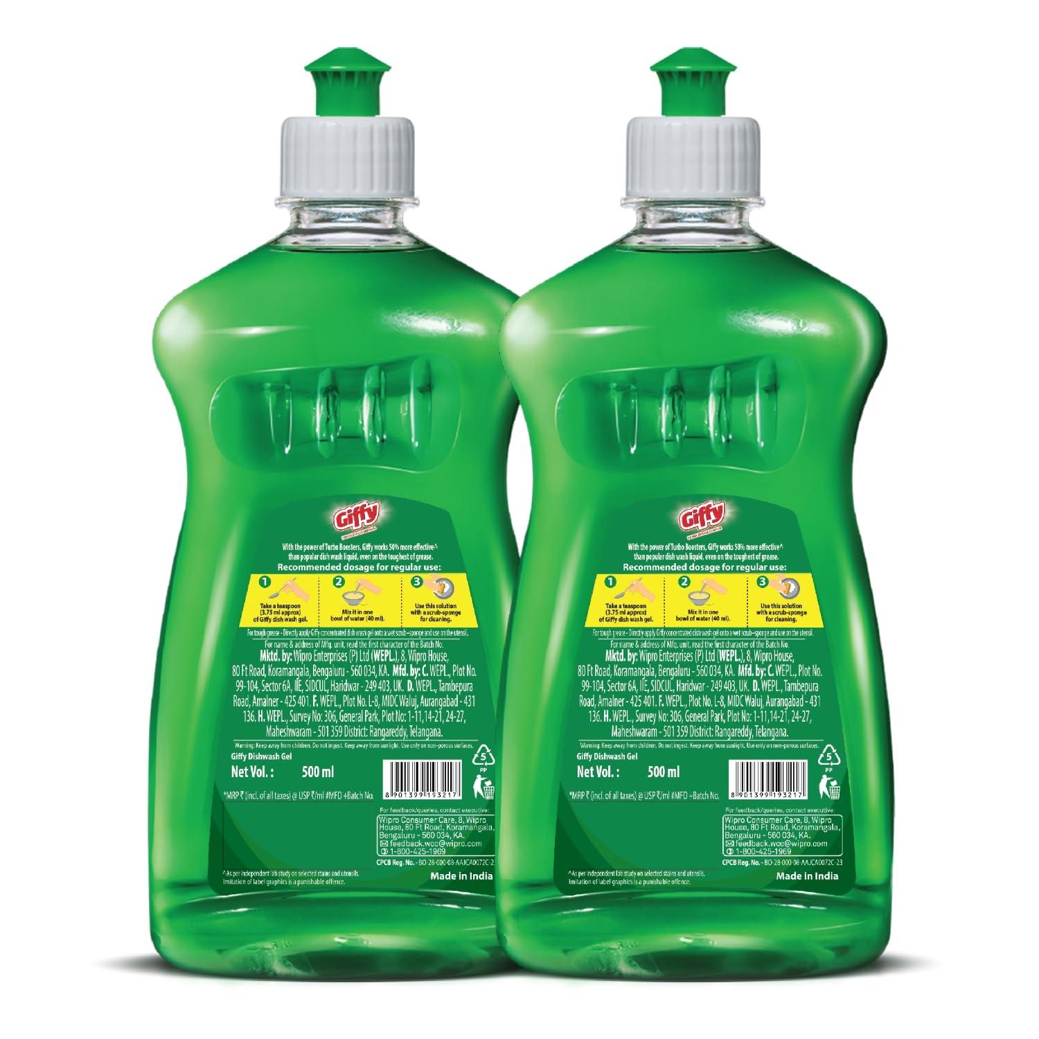 Giffy Giffy Concentrated Liquid Dish Wash Gel 500ml Pack of 2 with Active Salt & Lime| 2x Faster Tough Grease Removal & Mild Fragrance| Removes Tough Malodour| Leaves No White Residue| Hand-Safe