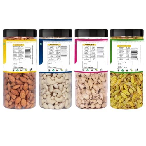 Yum Yum YUM YUM Premium Daily Needs Fresh and Healthy Dry Fruits Combo Pack 1Kg (Almonds 250g, Cashews 250g, Pistachios 250g & Kishmish Raisins 250g) Jar Each