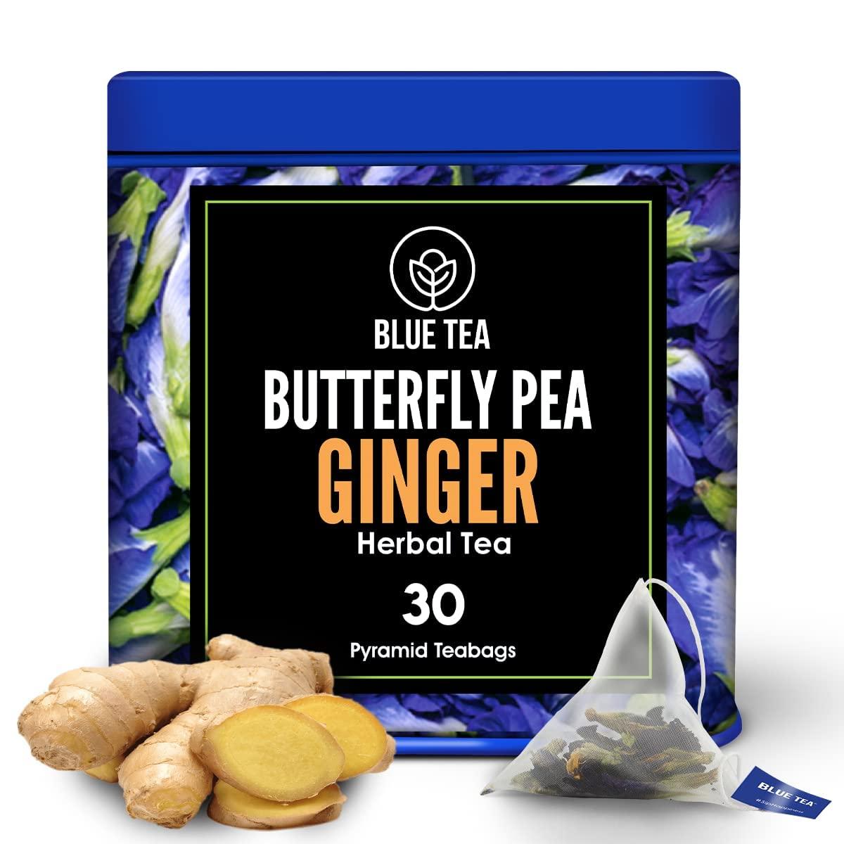 BLUE TEA BLUE TEA - Blue Flower Ginger Herbal Tea - 30 Tea Bags | PRIME SAVING DAY | Anti-Oxidant Rich | Detox Tea -Flower Based - Herbal Tea - Vegan - Caffeine Free - Natural Ingredients | Tin Pack