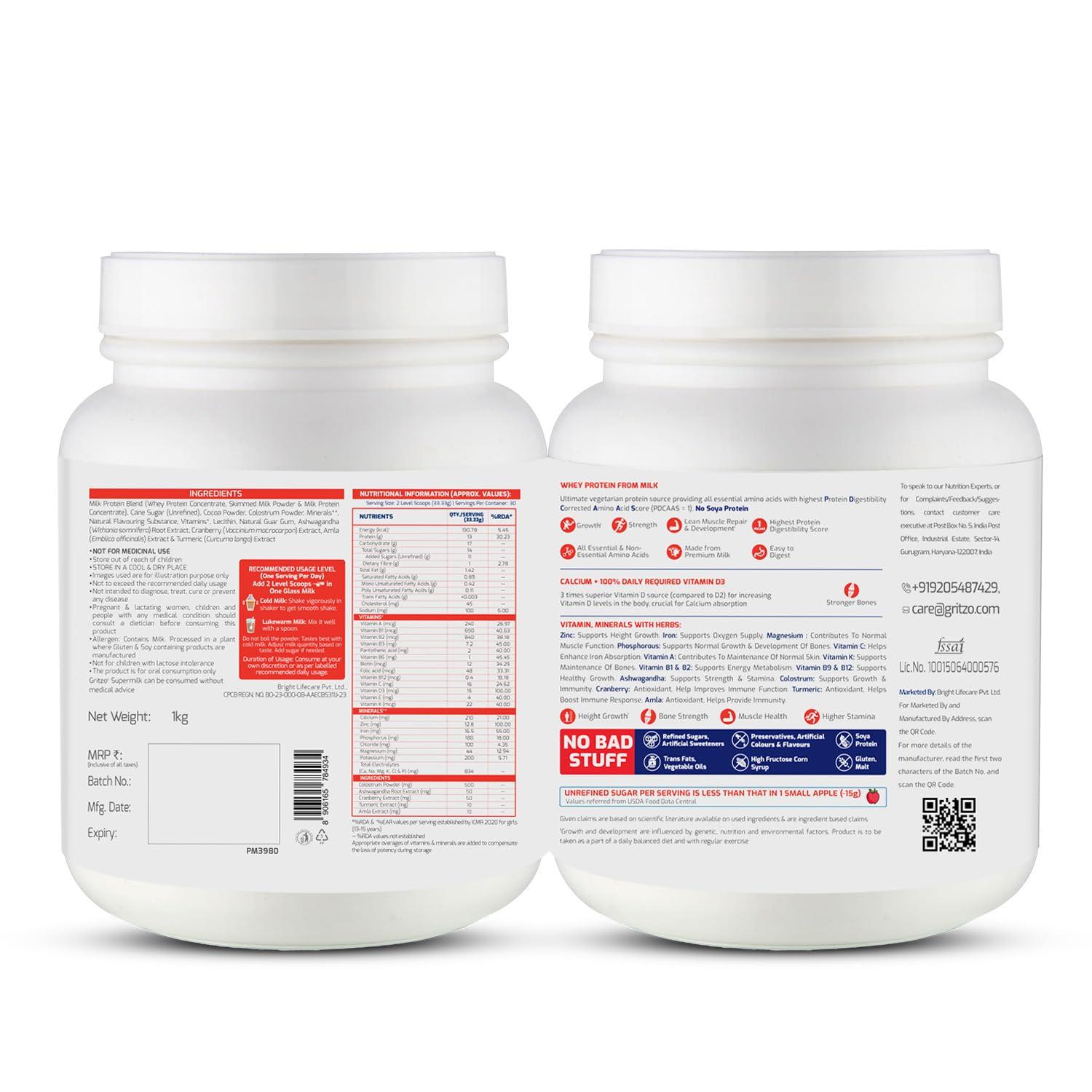 Gritzo Gritzo SuperMilk Height+ (13+y Girls), 13g Protein (Double Chocolate, 1kg) | Zero Refined Sugar, 21 Vitamins & Minerals