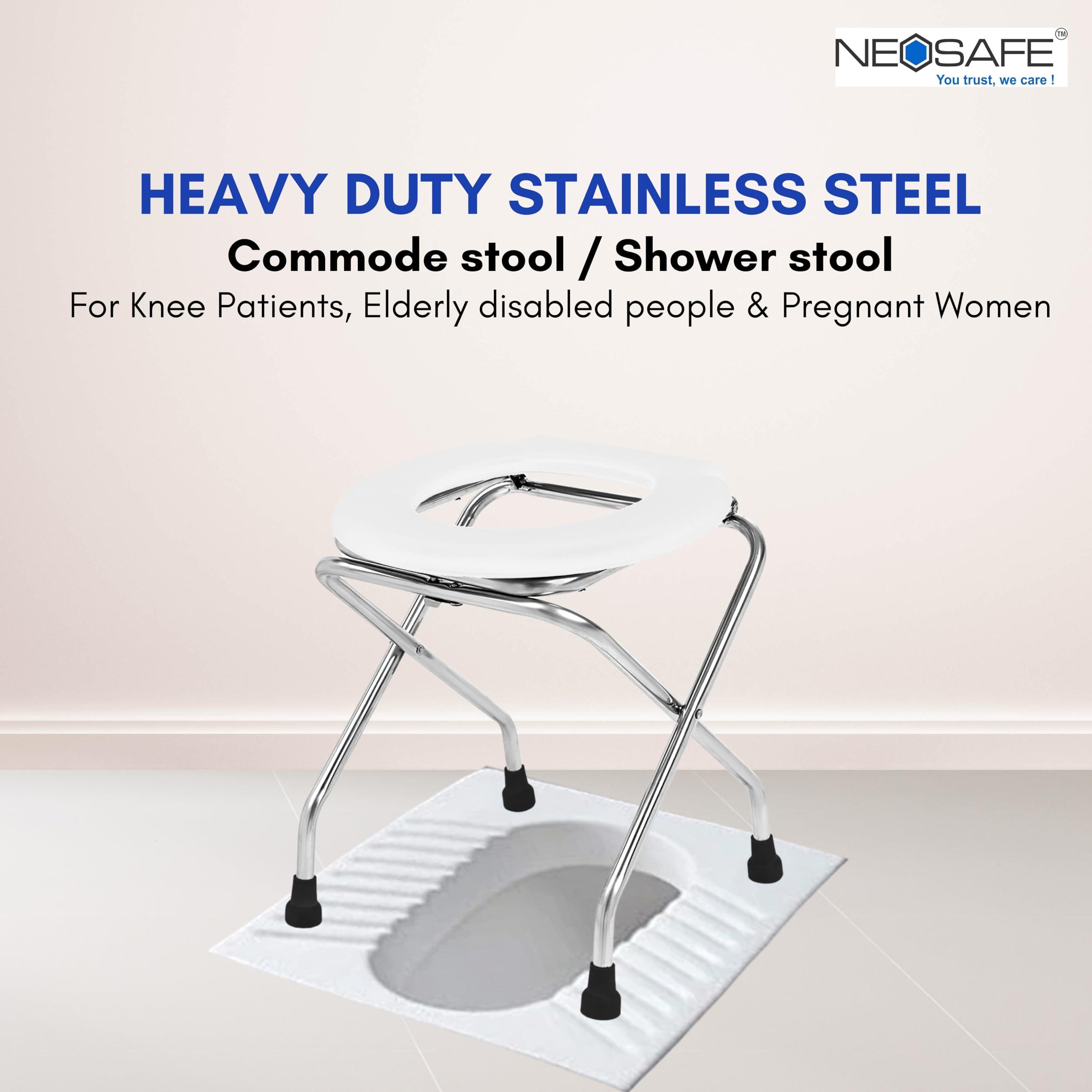 NEOSAFE NEOSAFE Stainless Steel Premium Folding Shower Bathing Room Commode Stool Indian Toilet Seat for Elderly Disabled Man and Pregant Women Support Safe Chair Anti-Slip (White)