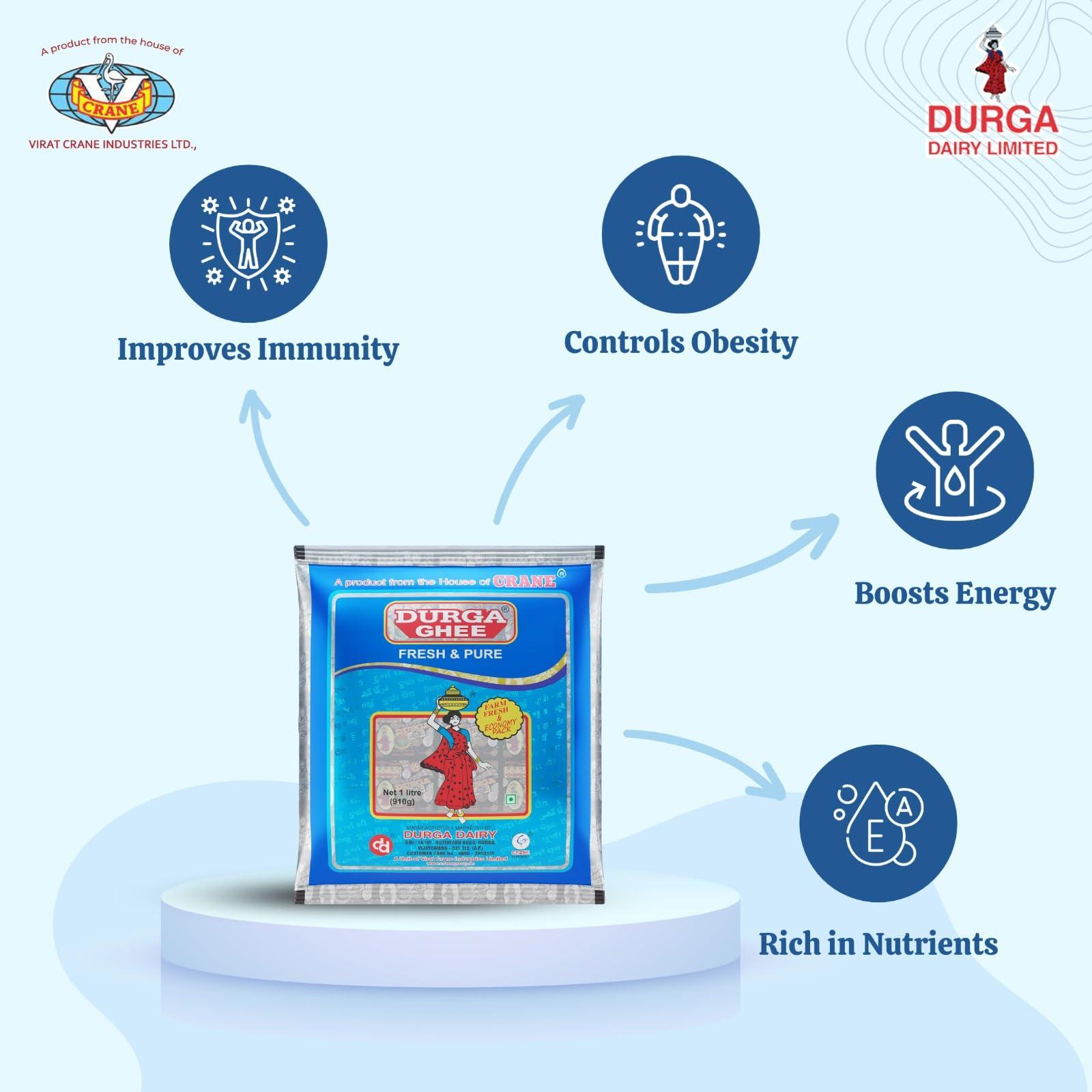 DURGA GHEE Durga Ghee - Buffalo Ghee 1L Pouch | Rich in Nutrients | Healthy & Natural Ghee | ISO & Fssai certified | Premium Ghee | Fresh And Pure Ghee | Pack of 1