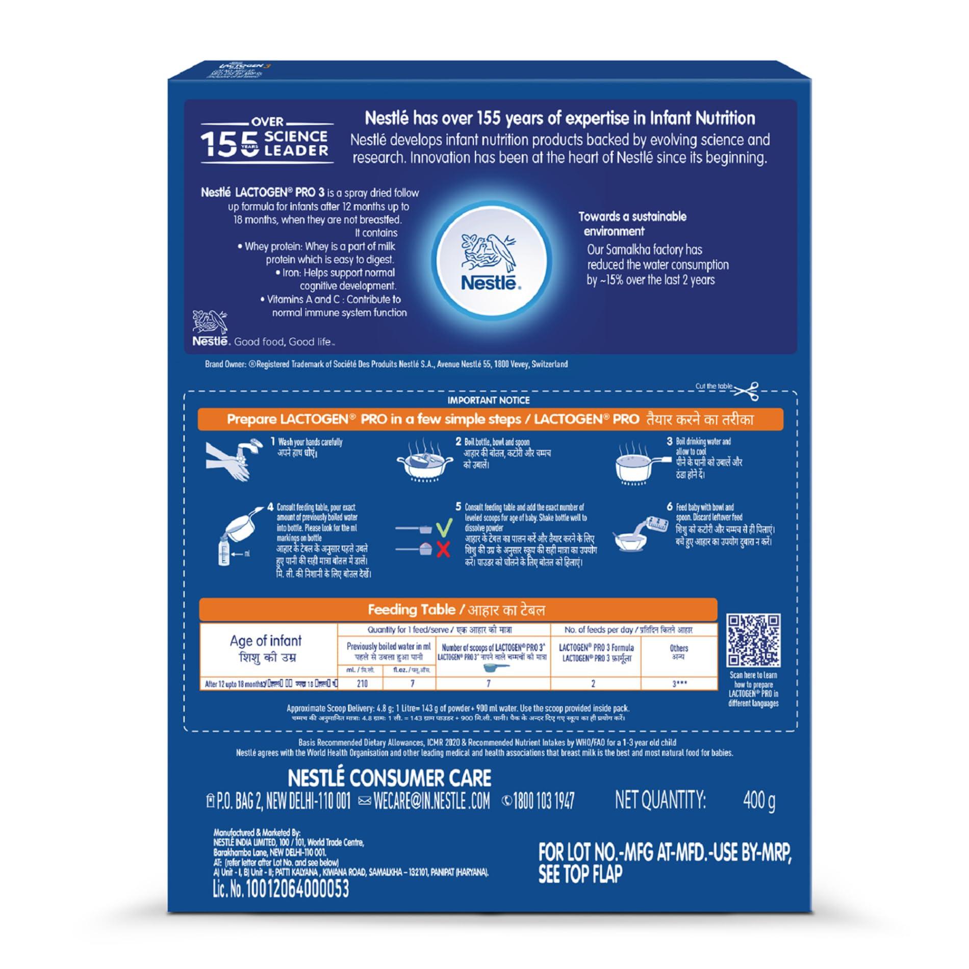 Lactogen Lactogen Infant Nestle Pro 3, Follow-Up Formula With Iron, Whey Protein And Vitamins, After 12 Months Up To 18 Months, Bag-In-Box Pack, 400G (Pack Of 2), Powder