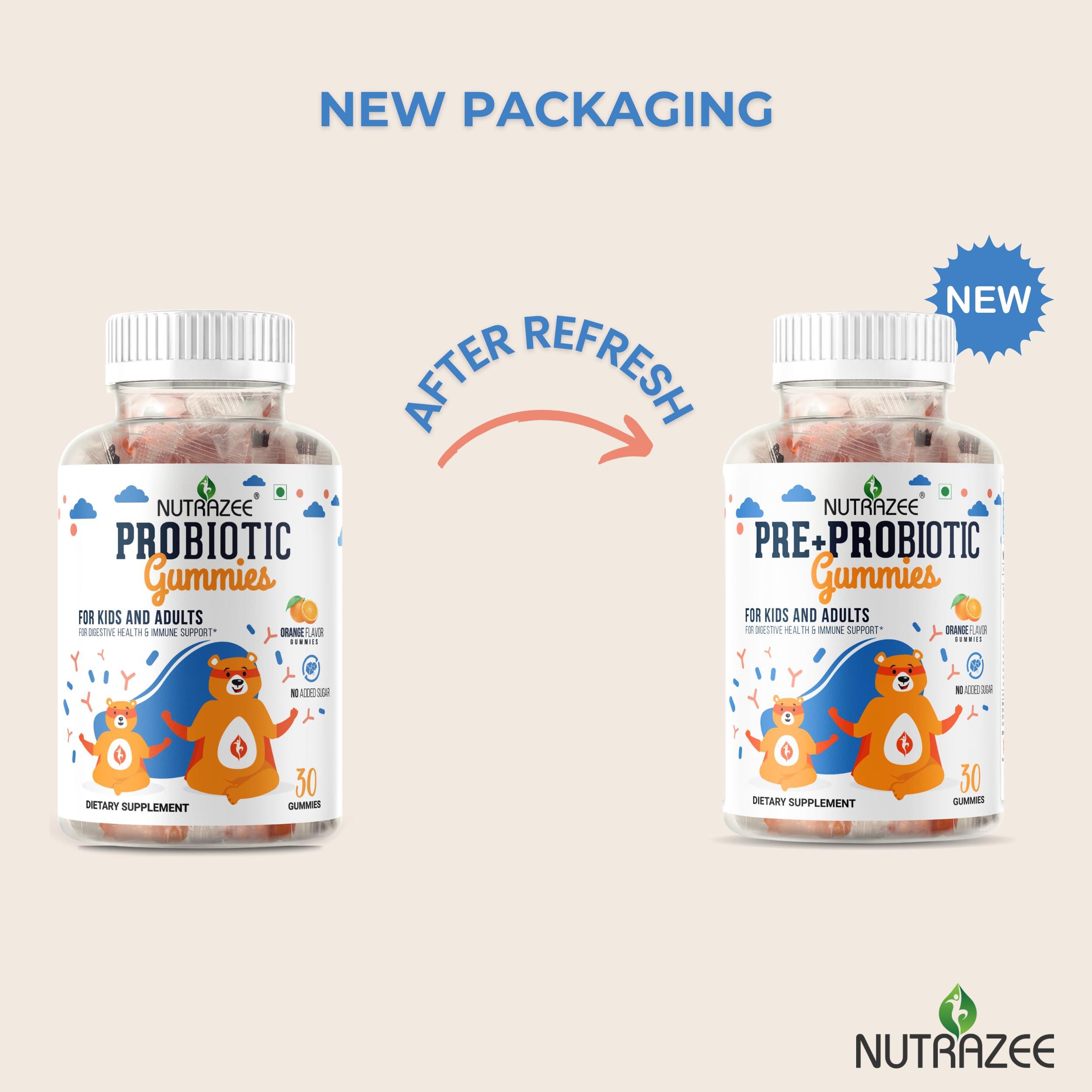 Nutrazee Nutrazee Probiotic Gummies - 2 Billion CFU, Prebiotic Fiber - Zero Added Sugar Supplement For Kids, Men & Women Clinically Validated For Digestion, Easy Bowel Movement & Immunity, 30 Gummy Bears -Orange Flavour