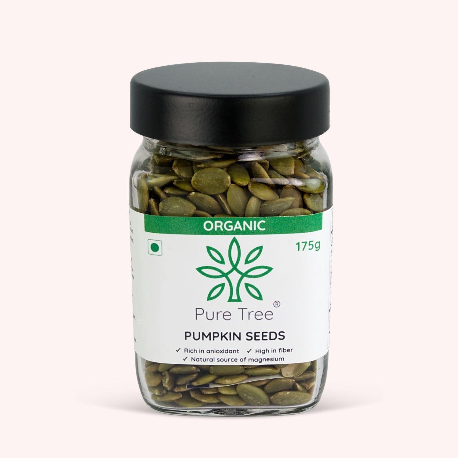 Pure Tree Pure Tree Certified Organic Pumpkin Seeds | 175 g | Glass Jar | Kaddu ke Beej | Organic Seeds for Eating Good Source Of Omega 3 | Raw Pumpkin Seeds Organic Superfood