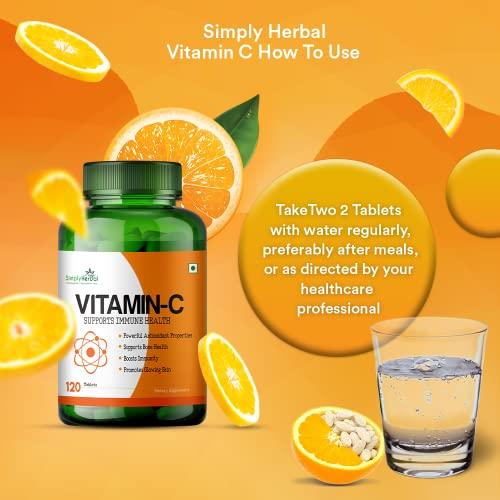Simply Herbal Simply Herbal Vitamin C Tablets for Glowing Skin & Face, Support Immune Health, Natural Brightening, Supplement Promote Body Immunity & Overall Beauty Health for Men & Women - 120 Veg Tablets