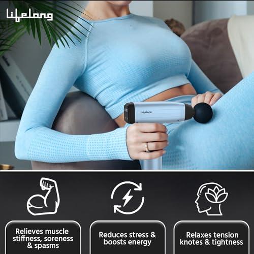 Lifelong Lifelong Gun Massager | Percussion for Full Body Pain Relief | 6 Heads | LED Touch | 30 Speed Levels | Premium Bag (LLGM144, Blue)