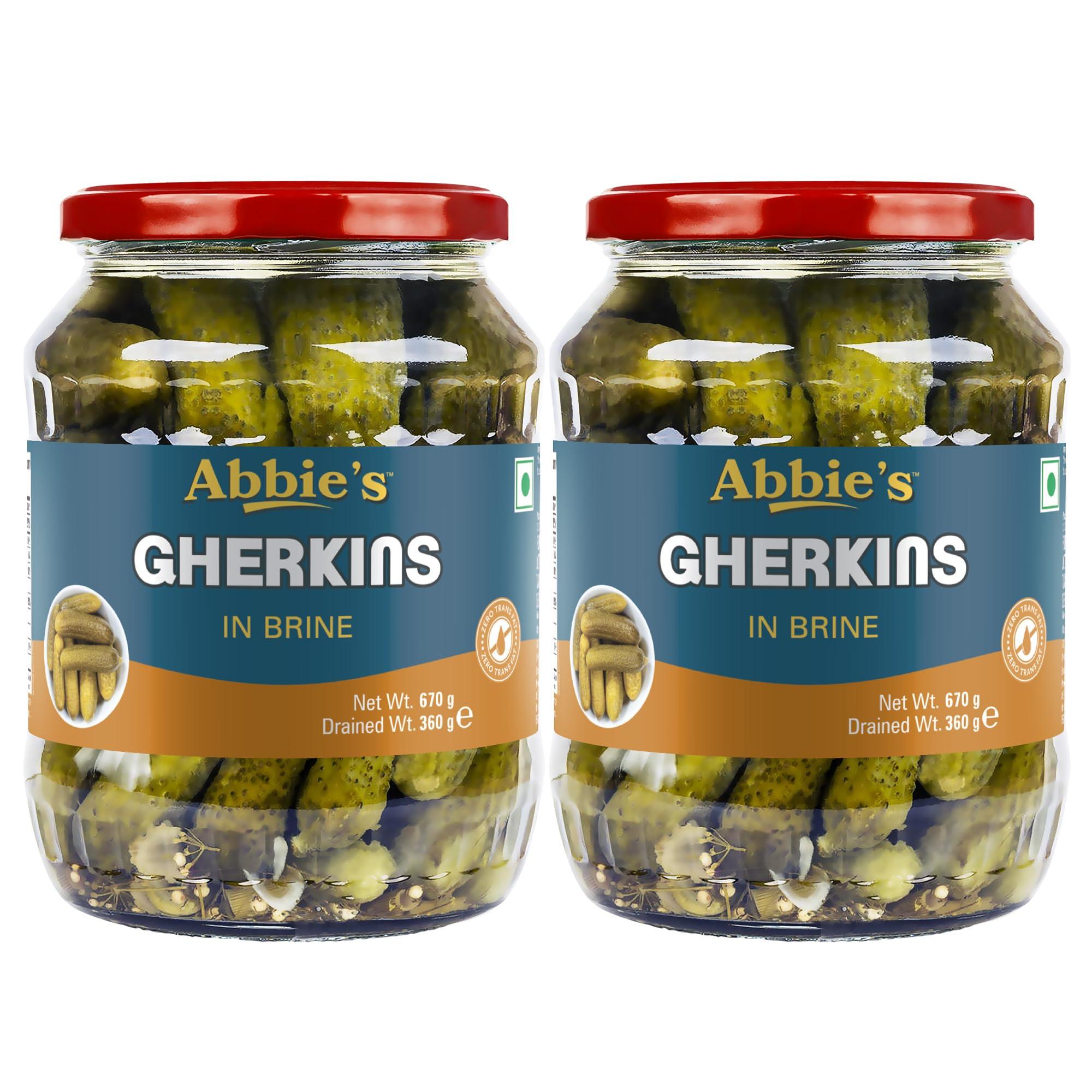 Abbie's Abbie's Gherkins Big in Brine, 680g, Pack of 2 Ready to Eat | Zero Fat Crunchy Pickle | Perfect Topping for Pizza, Pasta, Sandwich, Burger, Salad , Snacks and More |