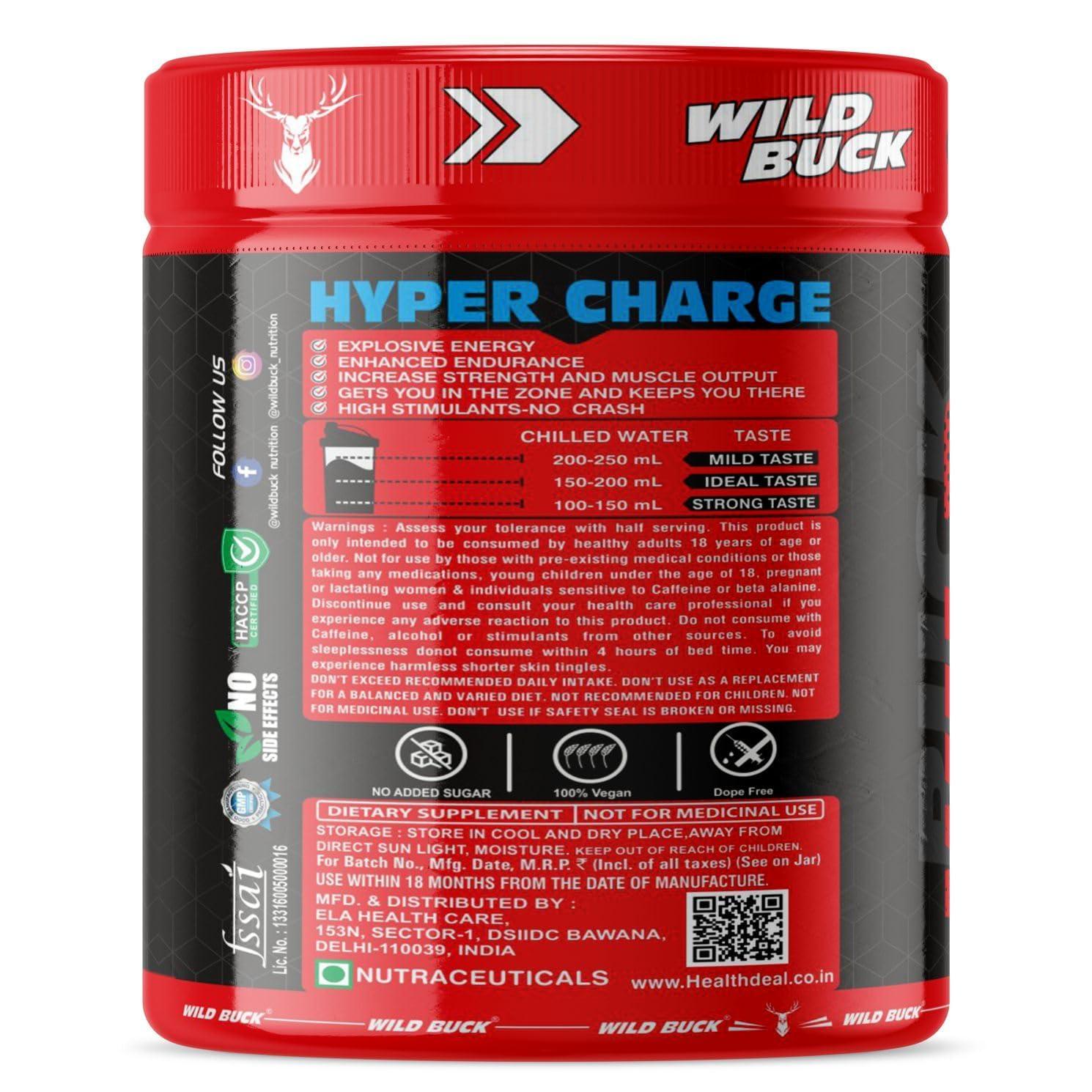 WILD BUCK WILD BUCK Hyper Charge Pre-X4 Hardcore Pre-Workout Supplement Powder with Creatine Monohydrate, Arginine AAKG, Beta-Alanine, Caffeinated Punch -For Men & Women [40 Serv, Cranberry Blast] + Wild Buck Whey 100% Whey Protein - 24g Protein Isolate & Conc