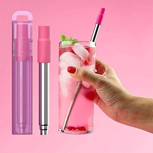 Anab Gift International ANABGI Reusable Portable Metal Straws for Drinking, Telescopic Foldable Stainless-Steel Drinking Straw with Case and Cleaning Brush Carabiner for Coffee Juice Smoothie Milkshake, Easy to Clean (Pink)