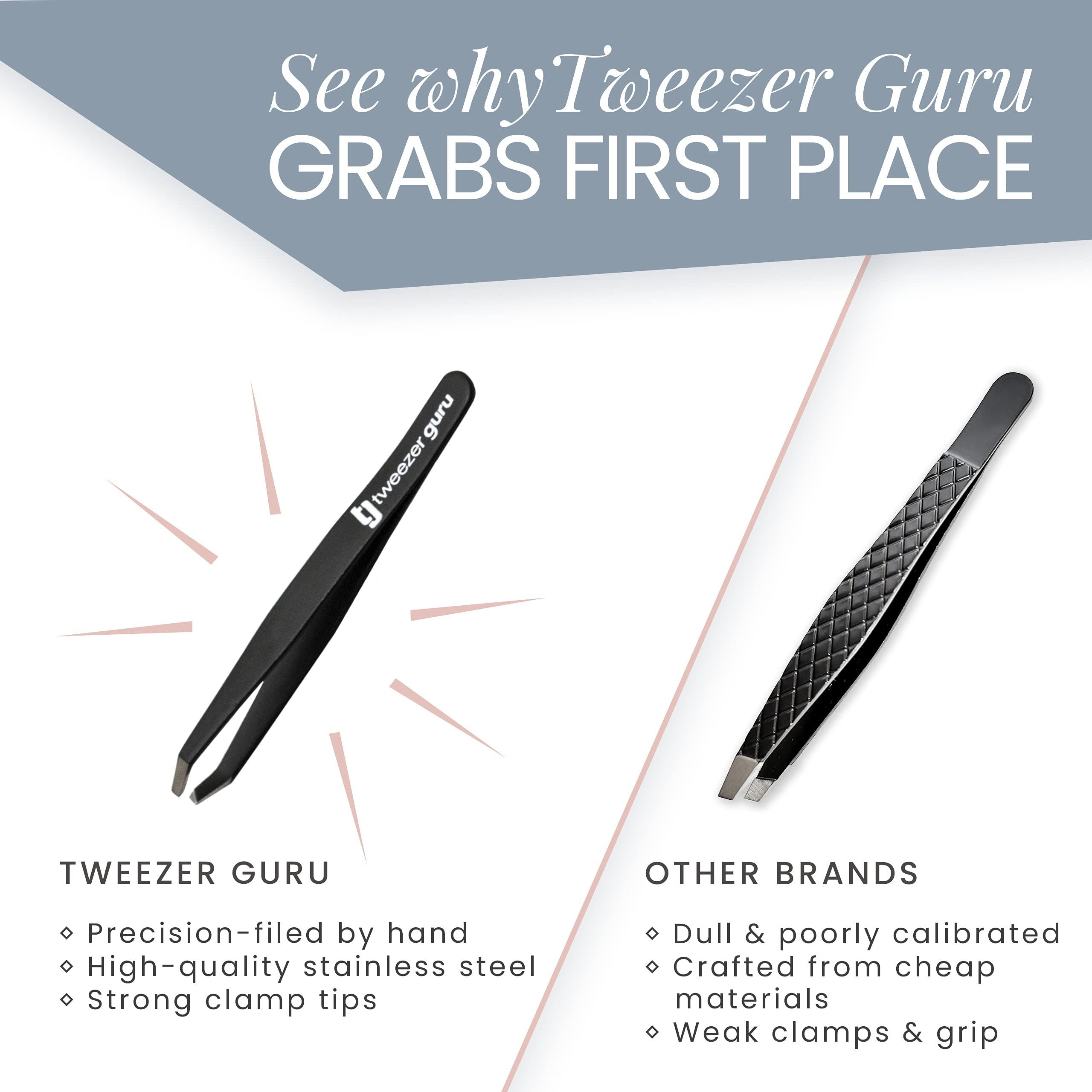 Tweezer Guru Tweezers Set 5-piece - Tweezer Guru Stainless Steel Slant Tip and Pointed Eyebrow Tweezer Set - Great Precision for Facial Hair, Ingrown Hair, Splinter, Blackhead and Tick Remover (Black)