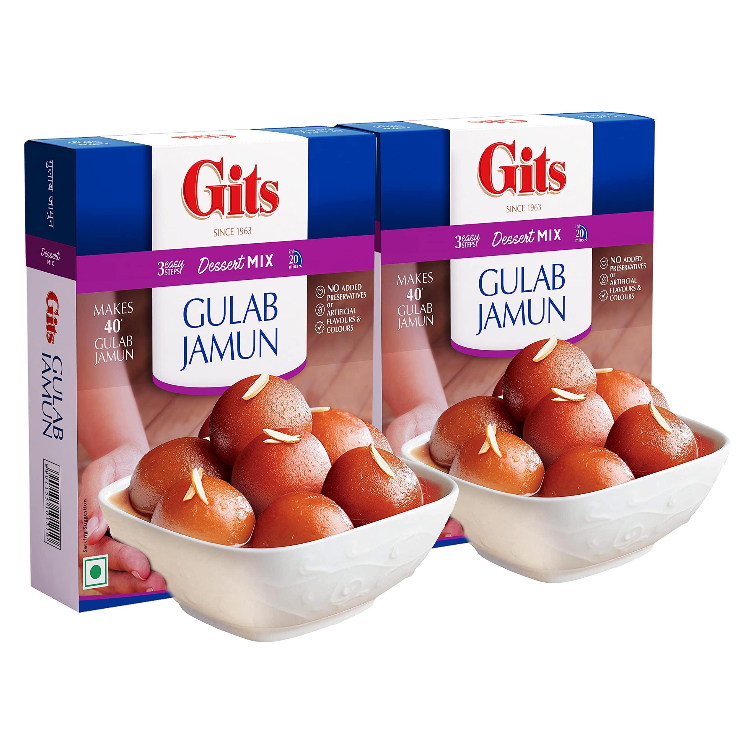 Gits Gits Instant Gulab Jamun Dessert Mix, Makes 40 per Pack, Pure Veg, Delicious Indian Dessert and Mithai, 400g (Pack of 2, 200g Each), White