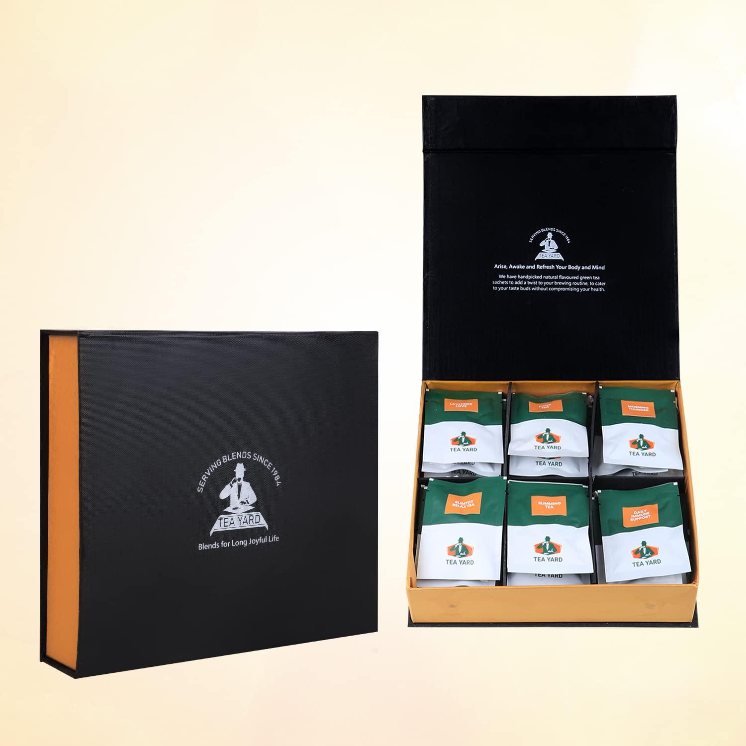 TEA YARD TEA YARD Assorted Green Tea Low Caffeine 6 Rich & Natural Flavors in Lavender, Slimtox Relax, Slimming, Daily Immune, Morning Thunder, Fitox 24 Tea Bags Decaf Tisane Pack Ideal for Gifting