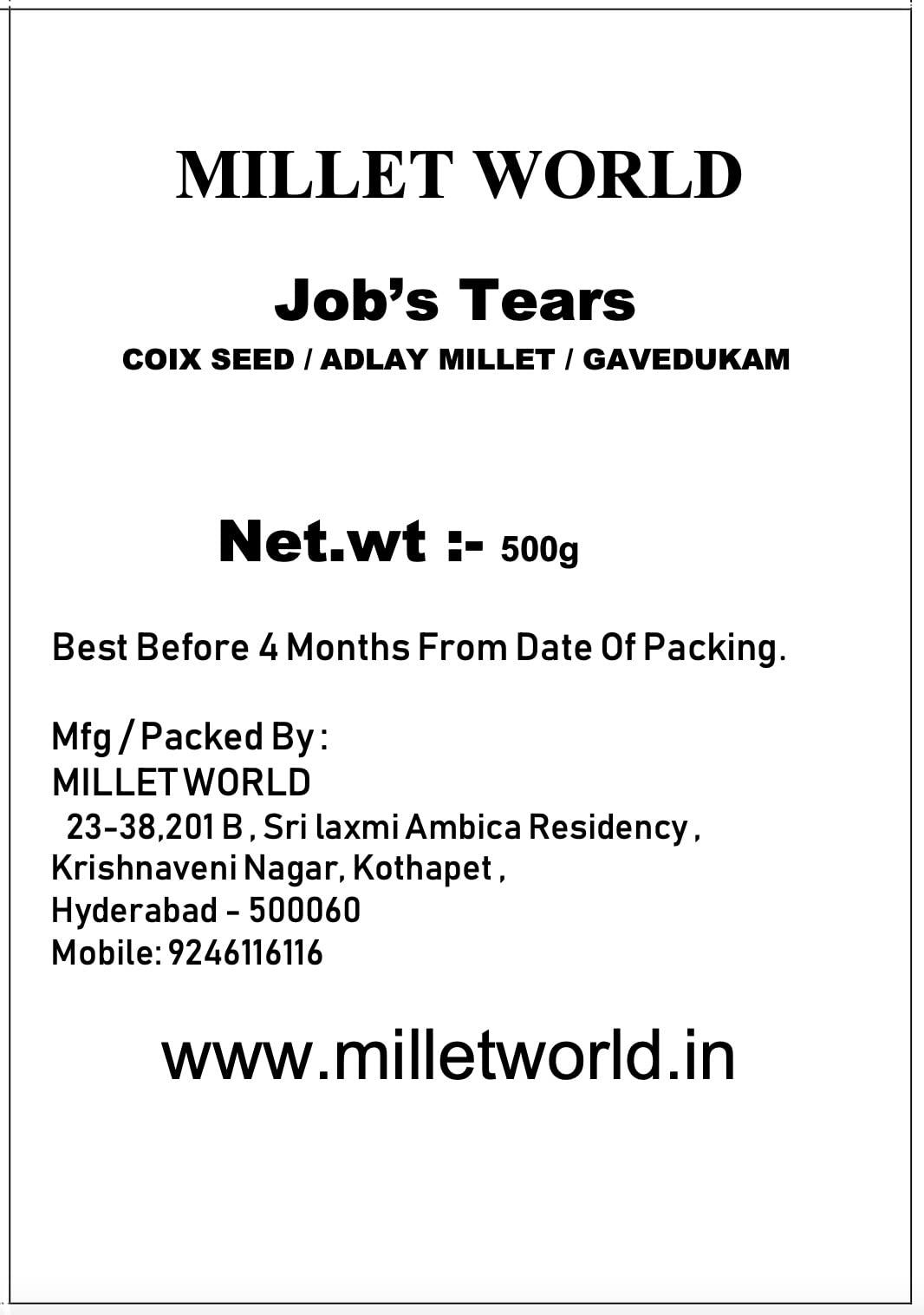 Generic Job\'s Tears Millets (Adlay Millet / Coix Seed / Gavedhuka) (500g)