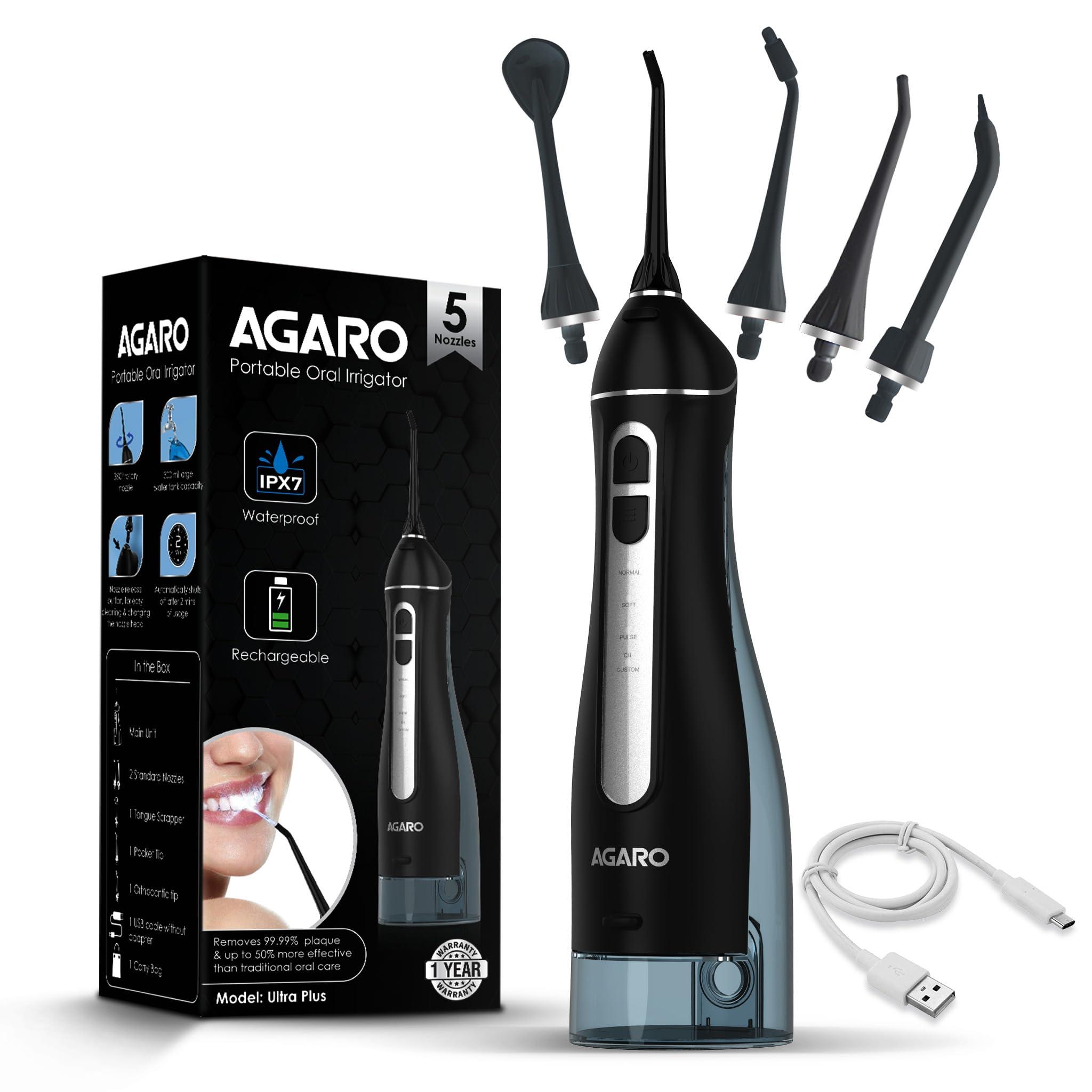 AGARO AGARO Ultra Plus Dental Flosser for teeth, Portable, Cordless & Rechargeable, 4 Cleaning Modes, IPX7 Waterproof, 300ml Water Tank, Flossing at Home & Travel, Oral Flosser, Oral Irrigator Black
