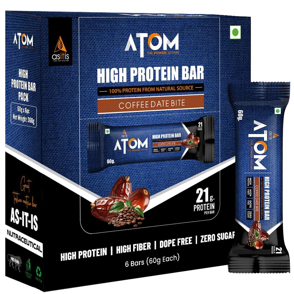 Asitis Nutrition Asitis Nutrition Atom High Protein Bar,20Gm Protein,Zero Transfat,Zero Added Sugar,Whey Protein Concentrate, Isolate & Hydrolysate As Protein Source,Pack Of 6 (60Gm X 6), Coffee Date Bite