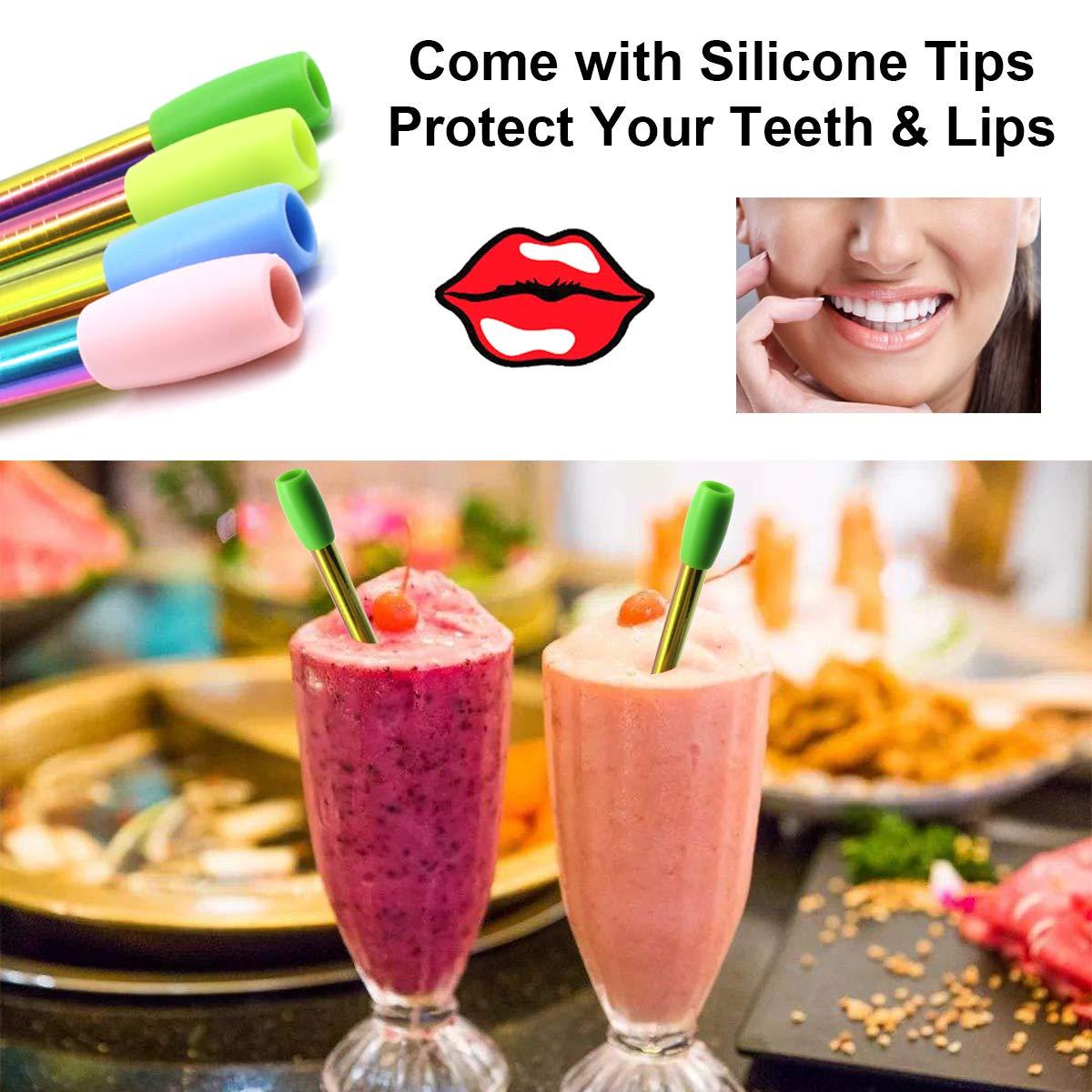 morneve Reusable Boba Straws Smoothie Straws Metal Stainless Steel Straws Angled Tips Fat 0.5\" Wide for Jumbo Bubble Tea Milkshakes Milk Tea Tapioca Pearl With Silicone Tips Carry Bag Cleaning Brush 2 Pcs 10\"