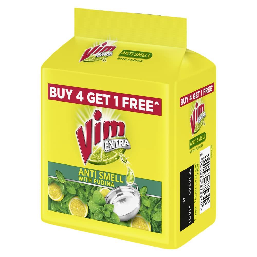 VIM Vim Extra Anti Smell Dishwash Bar - 200g (Pudina, Buy 4 + 1 Free)