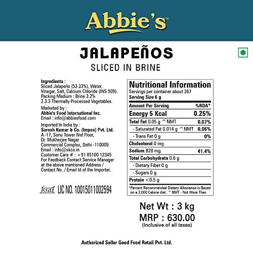 Abbie's Abbie's Jalapeno Slice in Brine A10, 3 kg | Ready to Eat Jalapeno Pickle | Perfect for Toppings in Pizza,Pasta , Sandwich,Nachos , Salad