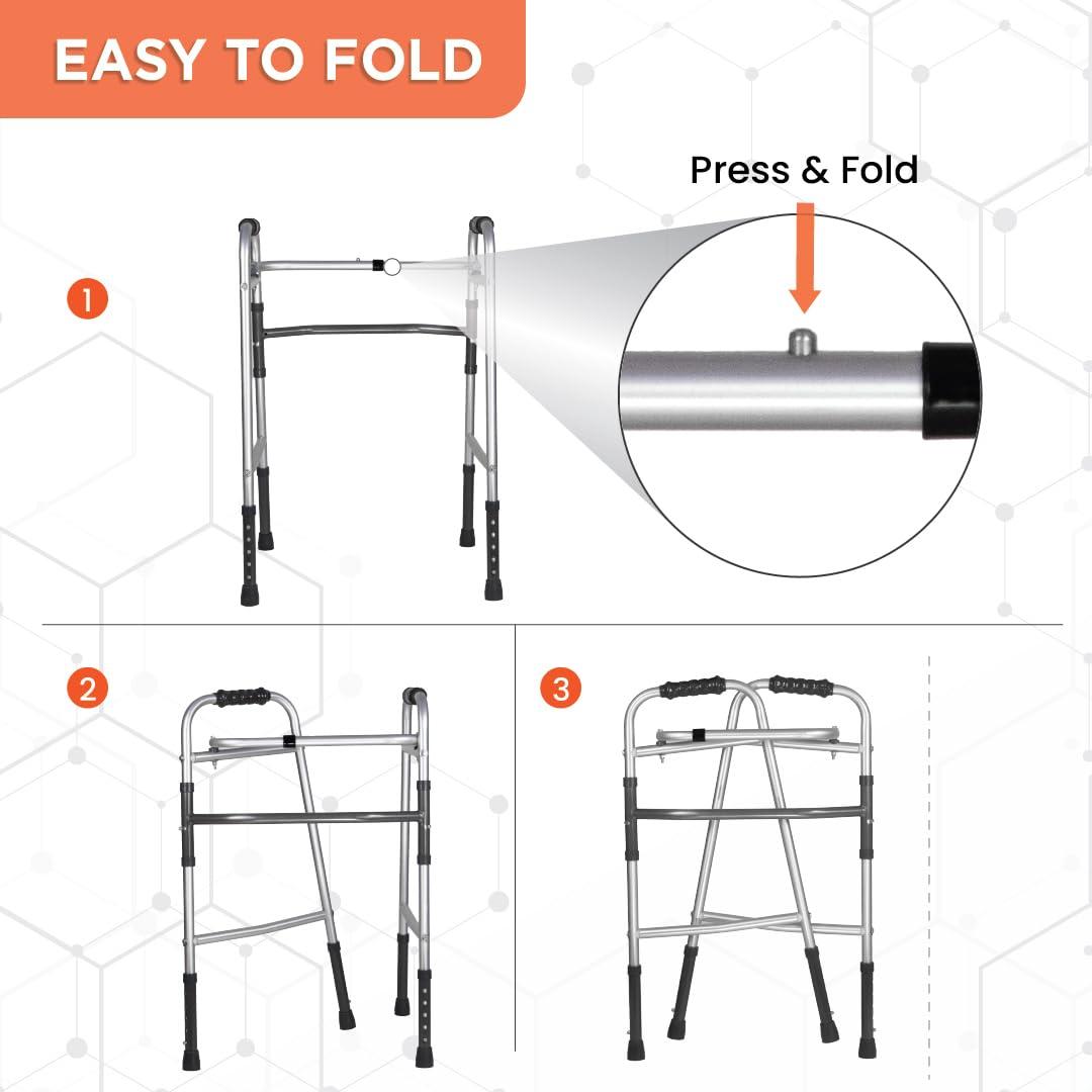 Vissco Vissco Dura Lite, Walker for Elderly and those Physically Challenged, Foldable, Light Weight & Height Adjustable Walking Aid, Made with Premium Grade Rubber Shoes and PVC Grip -Universal (Grey)