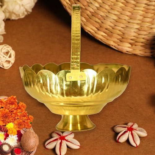 Shrinika Shrinika Traditional Brass Flower Basket | Pooja Basket | Brass Hanging Flower Basket | Brass Pookoodai | Pital Fuler Saji | Dalia Made of Brass Material with Handle - 8 inch for Pooja - Home Decor.