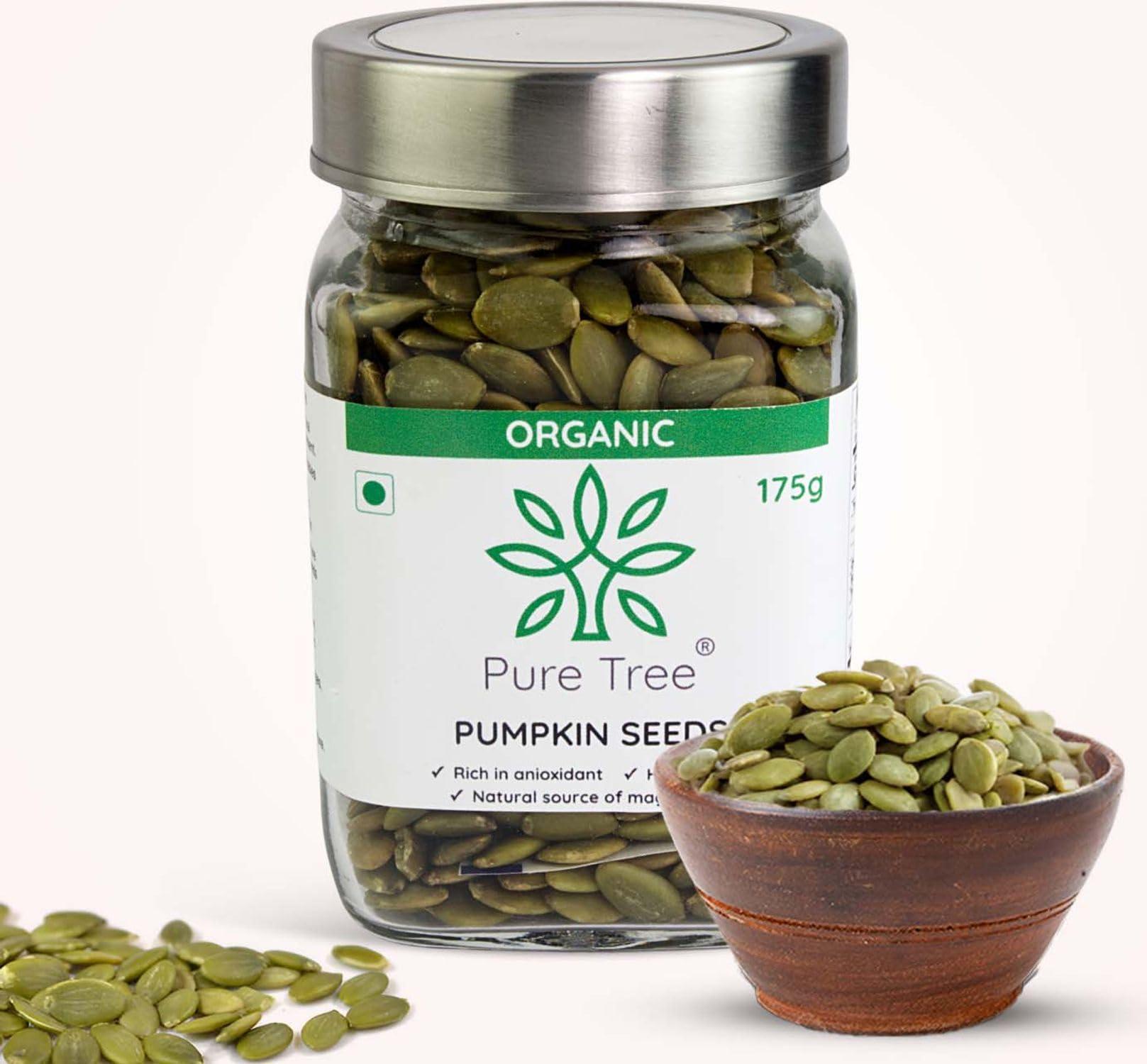 Pure Tree Pure Tree Certified Organic Pumpkin Seeds | 175 g | Glass Jar | Kaddu ke Beej | Organic Seeds for Eating Good Source Of Omega 3 | Raw Pumpkin Seeds Organic Superfood