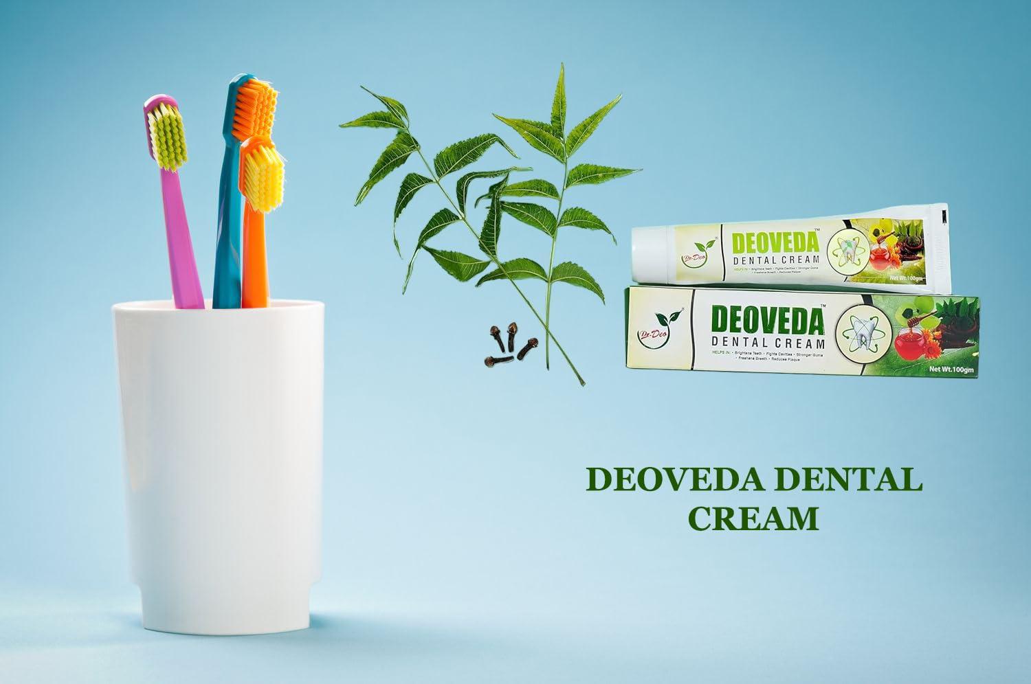 Dr. Deo DEOVEDA Dental Cream helps in brightness teeth fights cavities stronger gums freshens breath reduces plaque net weight 100grms