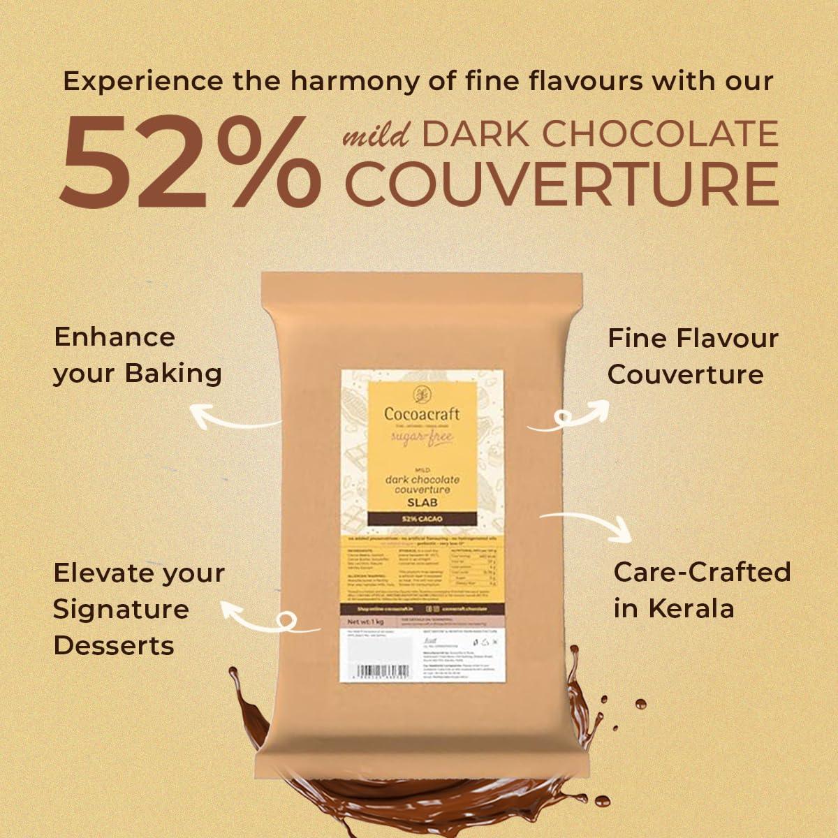 COCOACRAFT Cocoacraft 52% Mild Dark Chocolate Couverture Untempered Slab (1KG) Sugar Free Chocolate| 100% Natural |Handmade Artisinal Couverture Chocolate from Kerala| Used for baking and decoration
