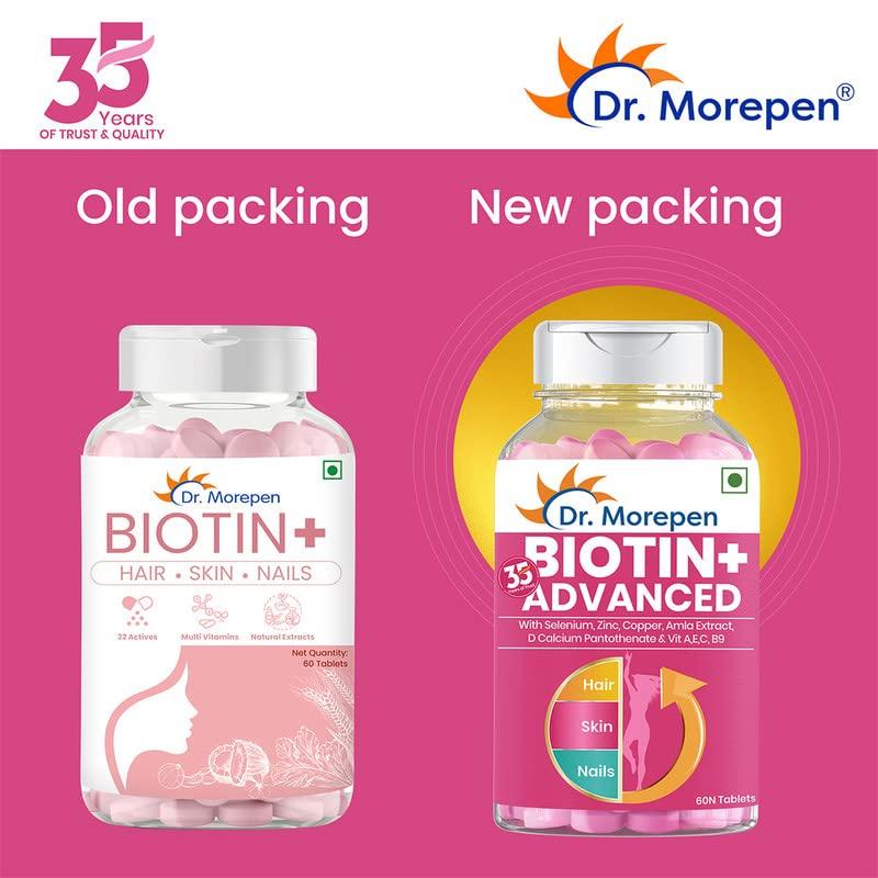 Dr. Morepen Dr.Morepen Biotin+ Tabs | With Multivitamins, Amino Acids, Natural Extract of Amla, Turmeric & Green Tea, Bhringraj & Brahmi | 60 Tablets Pack of 2